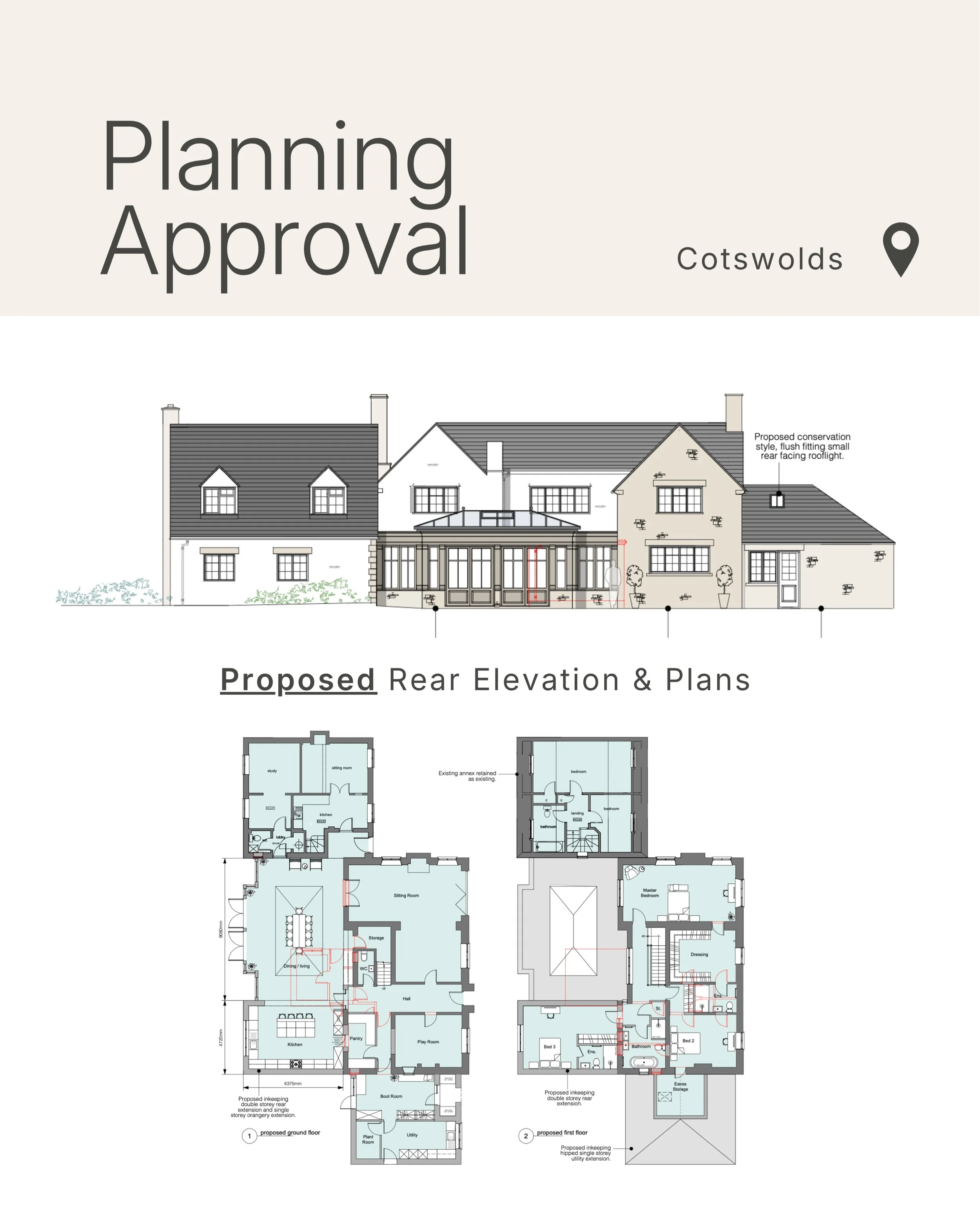 Planning APPROVED for a large two storey rear extension, rear orangery and single storey side extension at our property investor clients own Cotswolds home 🙌🏻

📸 Proposed rear elevation &amp; floor plans 

📸 EXISTING rear elevation &amp; floor pl
