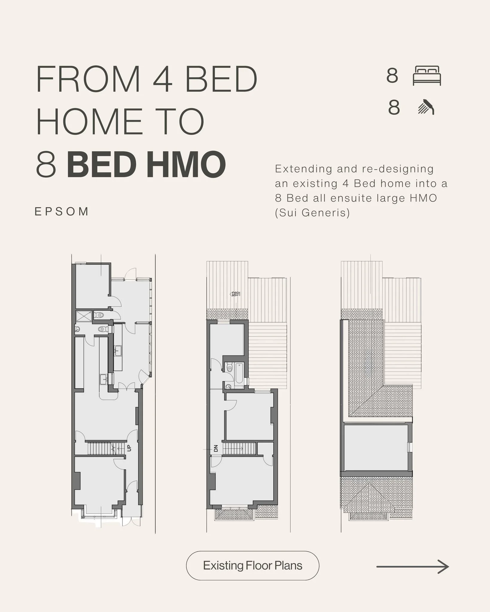 4-BED HOUSE &rarr; 8-BED HMO 🏠 Swipe left for the PROPOSED floor plans. 

Another HMO feasibility study recently completed for a proposed 8-bed HMO, including a substantial rear extension.

For this property, we&rsquo;ve looked at how the existing 4