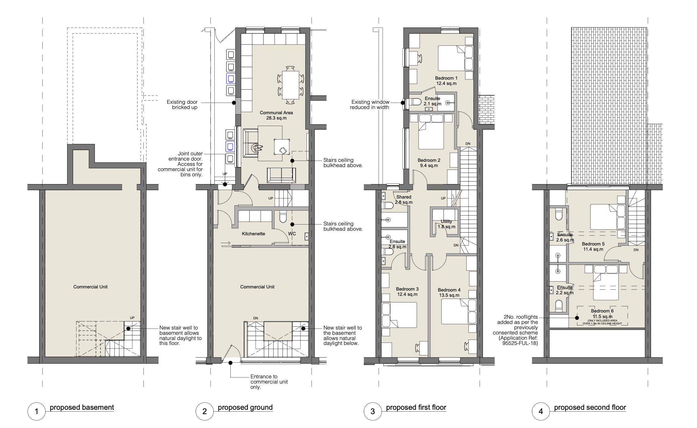 proposed 6 bed hmo floor plans with commercial unit retained at ground floor