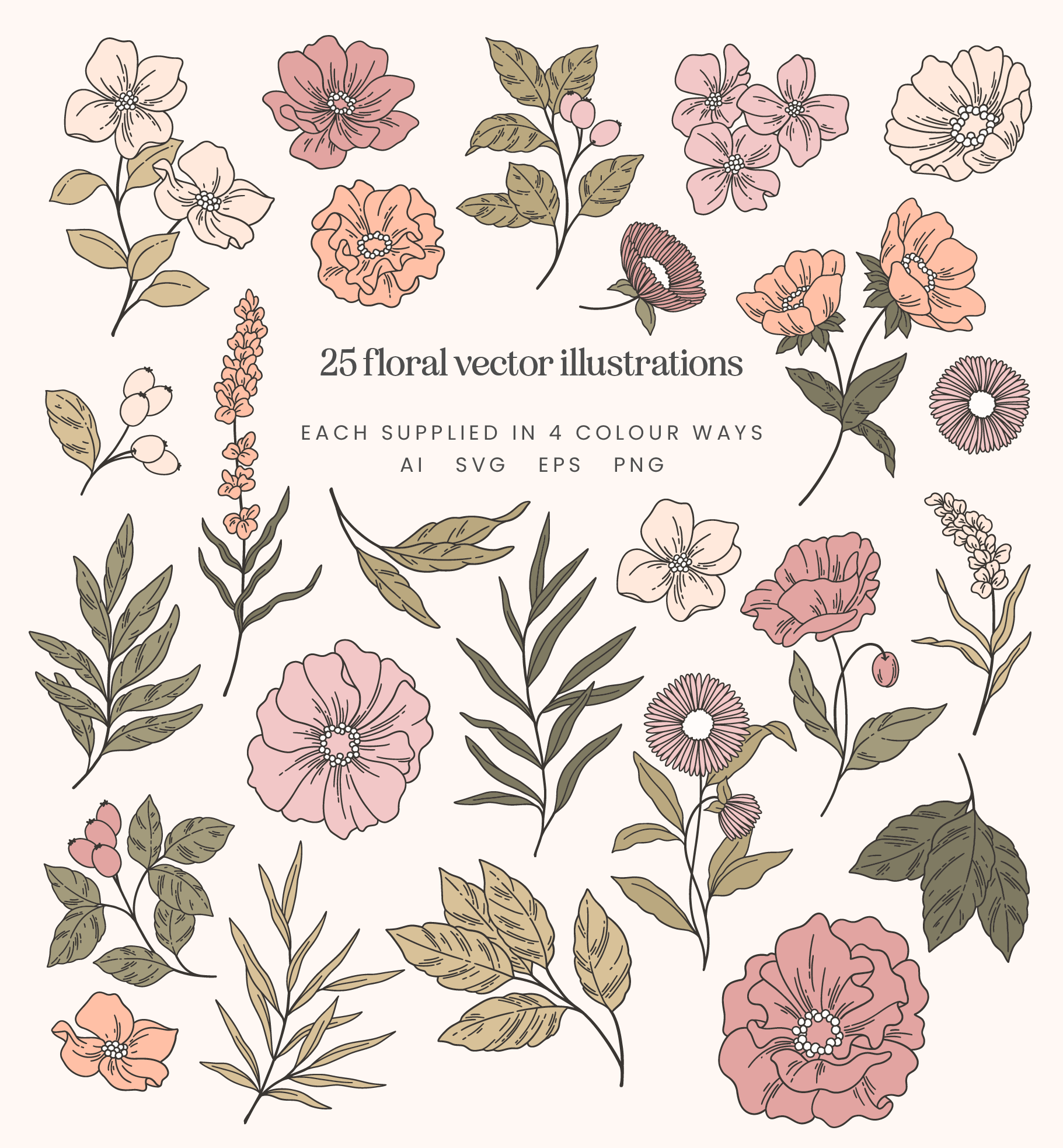 Garden Floral Hand Drawn Vector Illustrations
