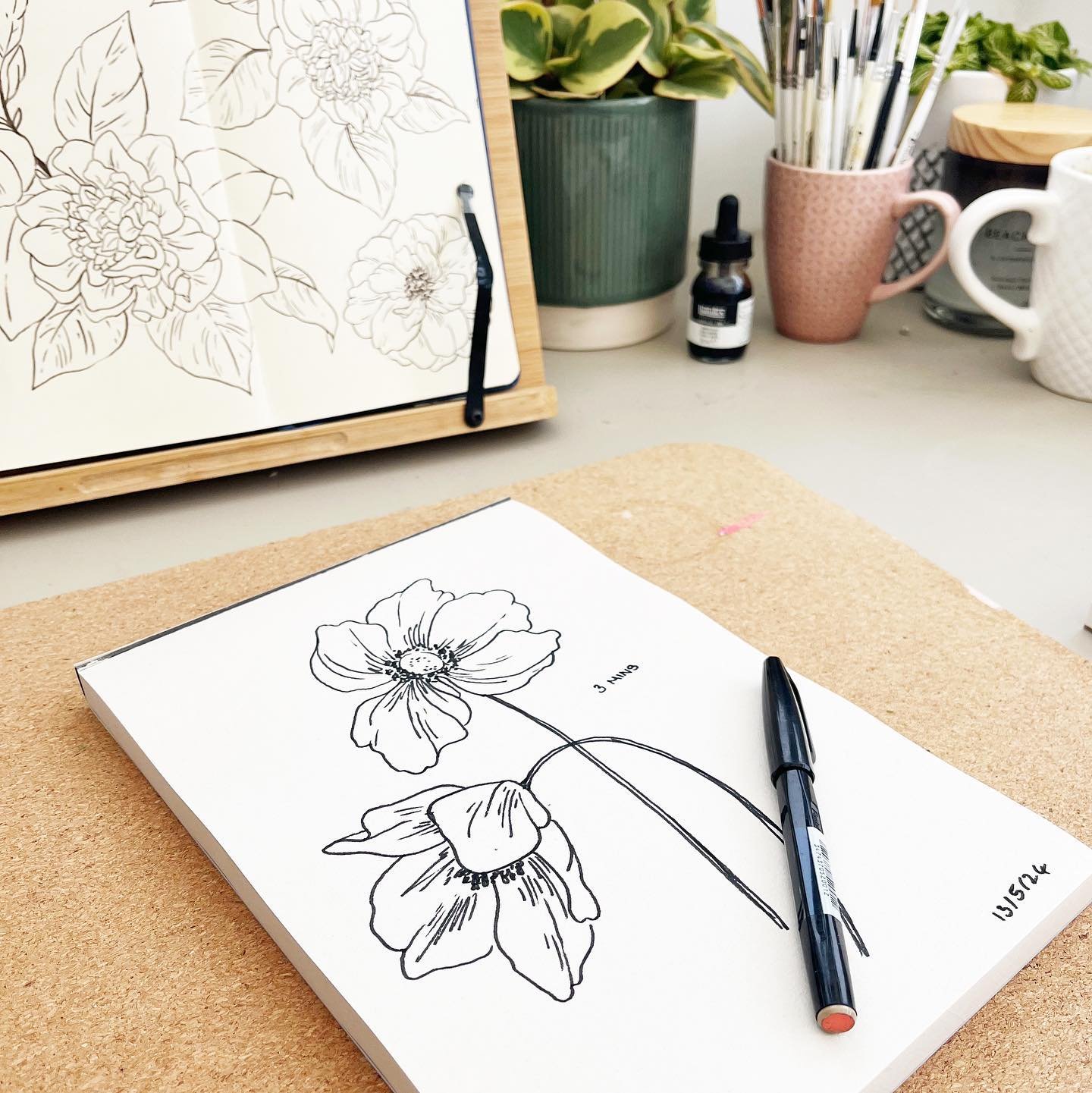 Quick Timer Drawings ✍️ I&rsquo;ve been setting a 3 minute timer and drawing some quick flowers to warm up for the day. There&rsquo;s a new post on Substack about where this idea came from! 🌿