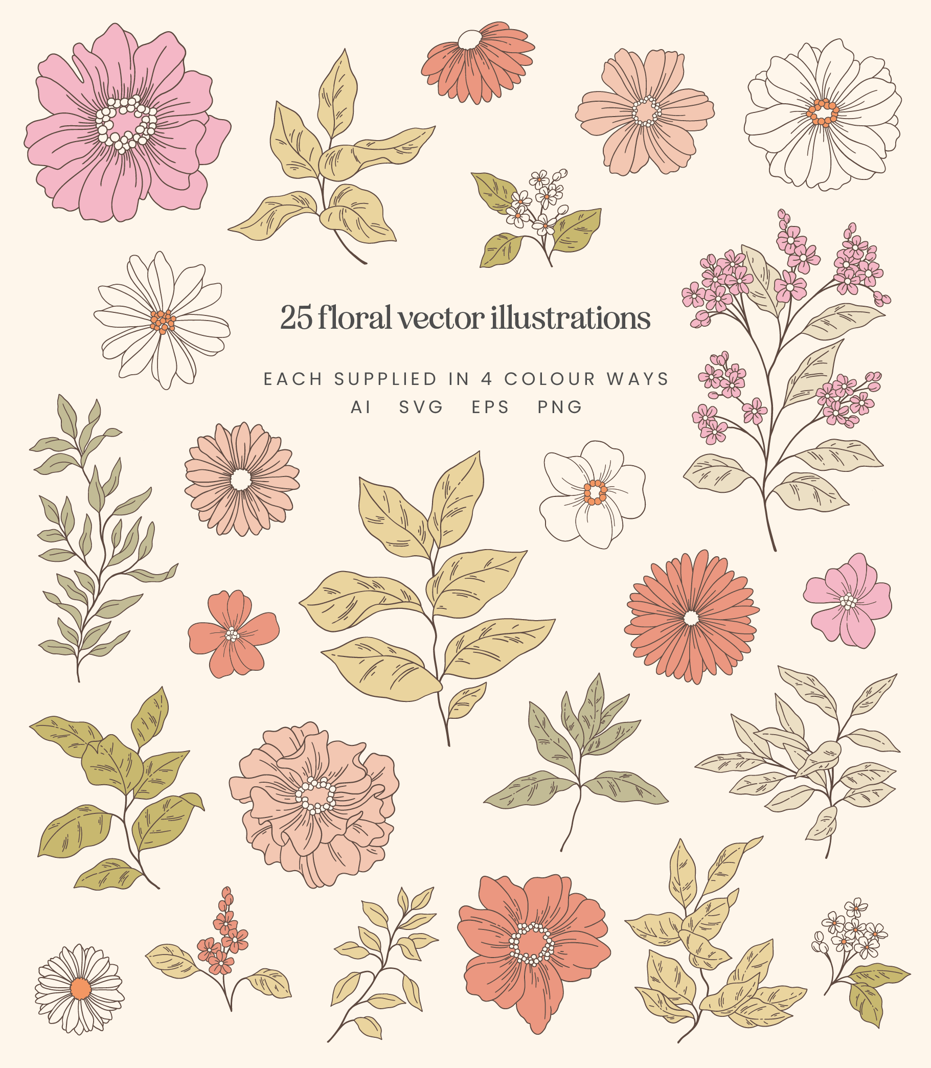 Summer Floral Hand Drawn Vector Illustrations