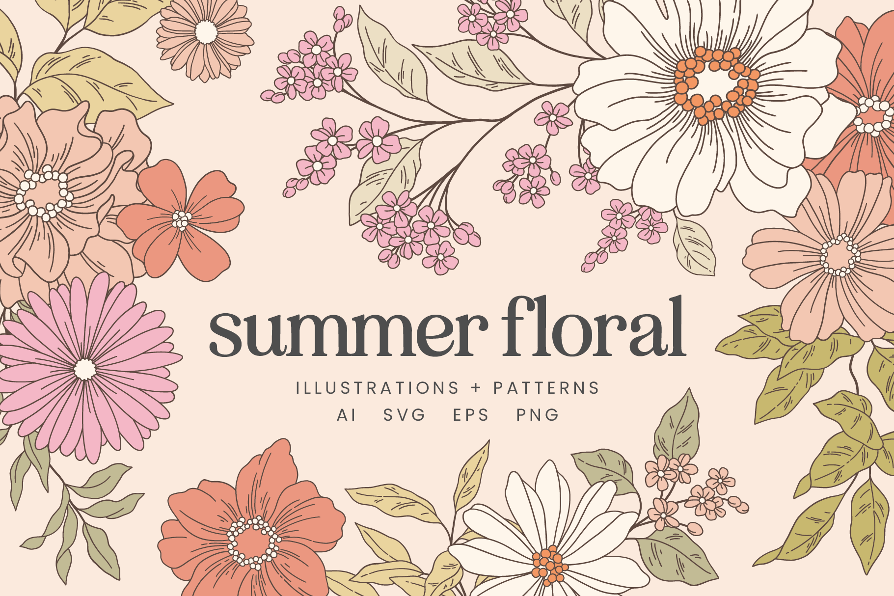 Summer Floral Hand Drawn Vector Illustrations