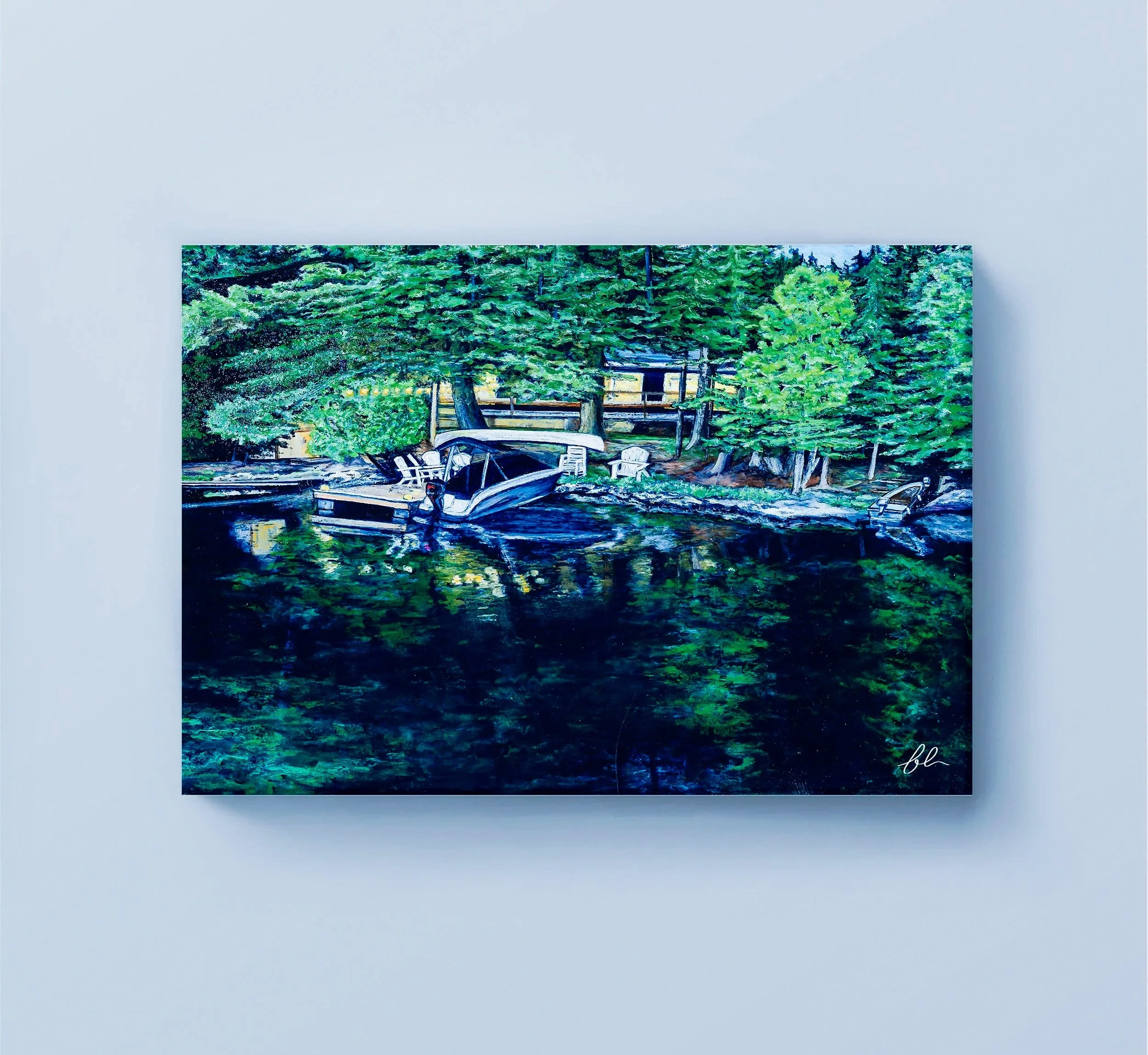 Tucked along the quiet shoreline of Paint Lake, this peaceful cottage scene captures the warmth of summer evenings in Muskoka. “Johnson Family Cottage” reflects the timeless rhythm of lake life—boats gently resting at the dock, soft reflections on th