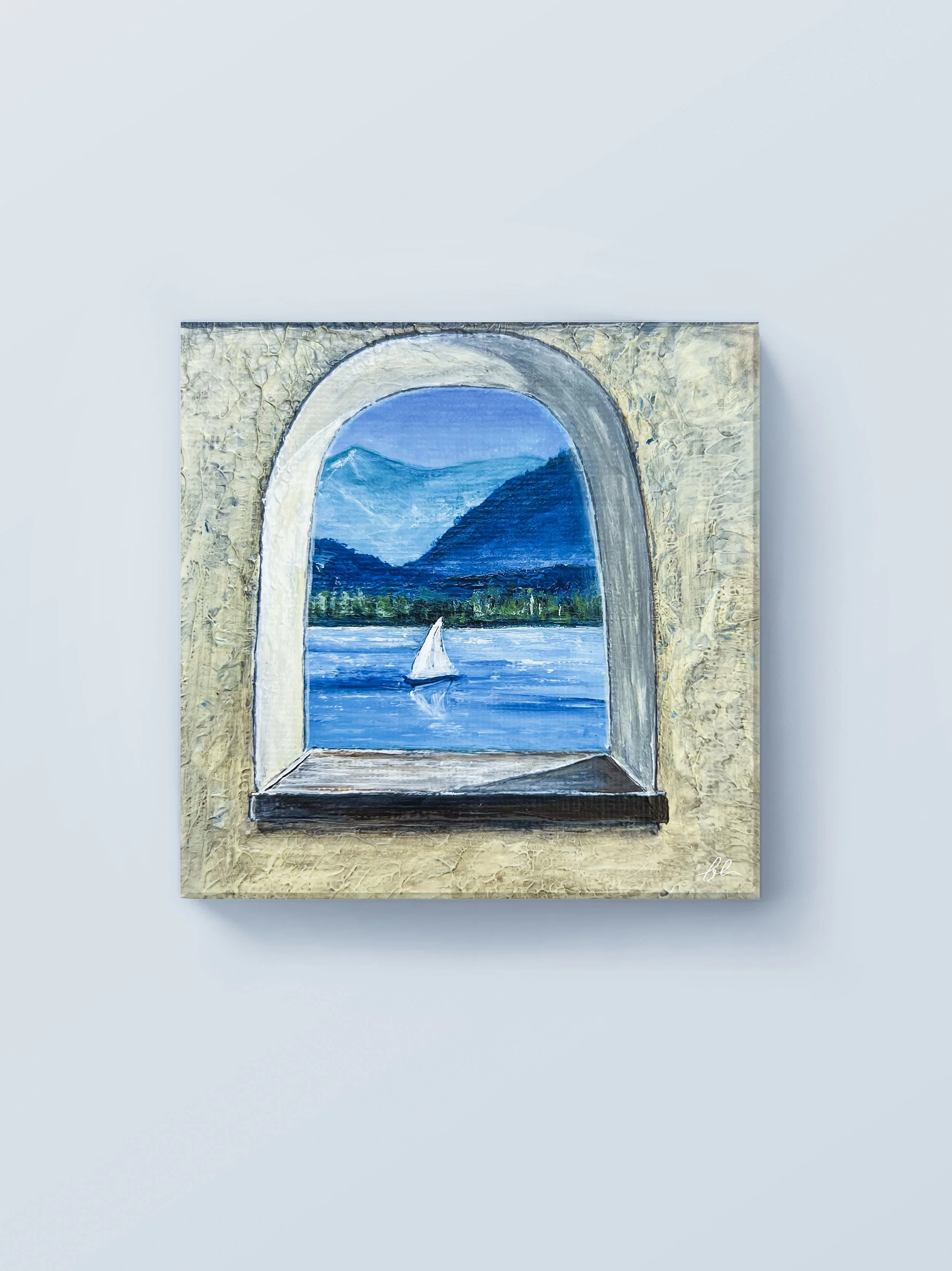 A serene coastal view framed by an arched window—a fine art print of an original acrylic painting capturing still water, distant mountains, and quiet escape.