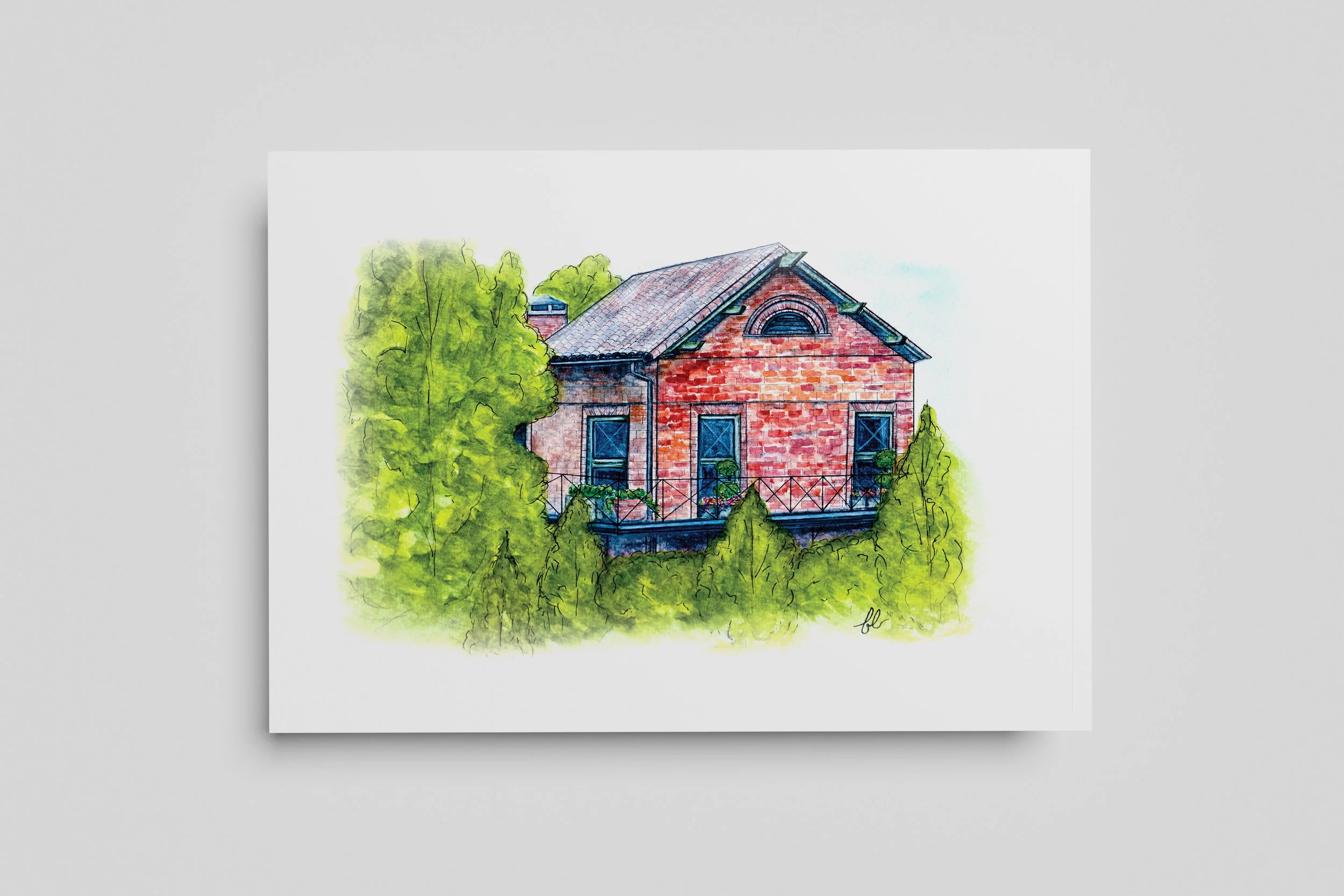 Original watercolour painting of the corner building at Wieuca Road NE and Phipps Boulevard in Atlanta, Georgia. The Corner at Wieuca by BE Landscapes celebrates the quiet beauty of Atlanta's architecture through delicate watercolour textures and sof