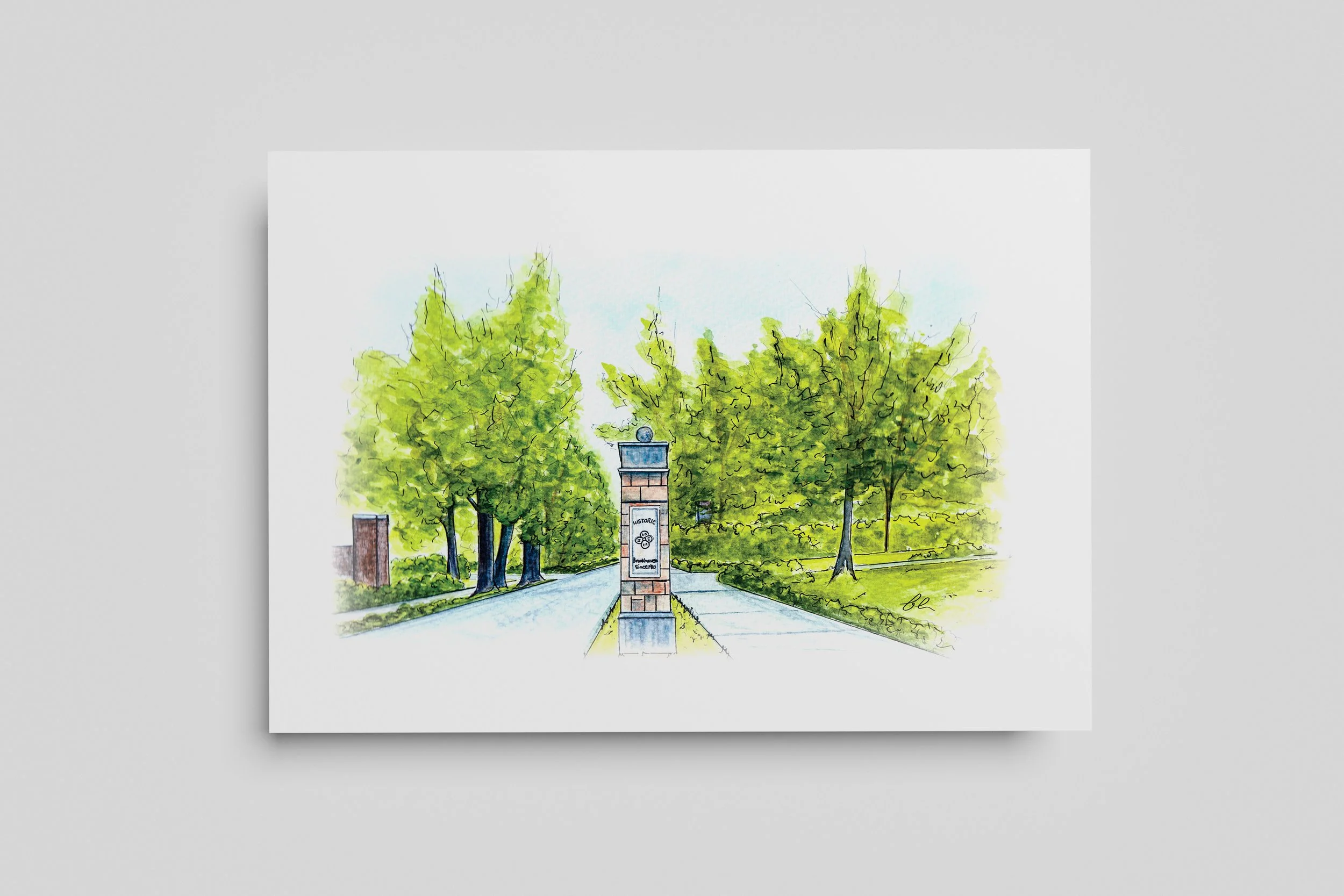 Original watercolour painting of the Historic Brookhaven entrance monument in Atlanta, Georgia. Historic Brookhaven by BE Landscapes captures the neighbourhood's timeless character through luminous watercolour, vibrant greenery, and expressive line w