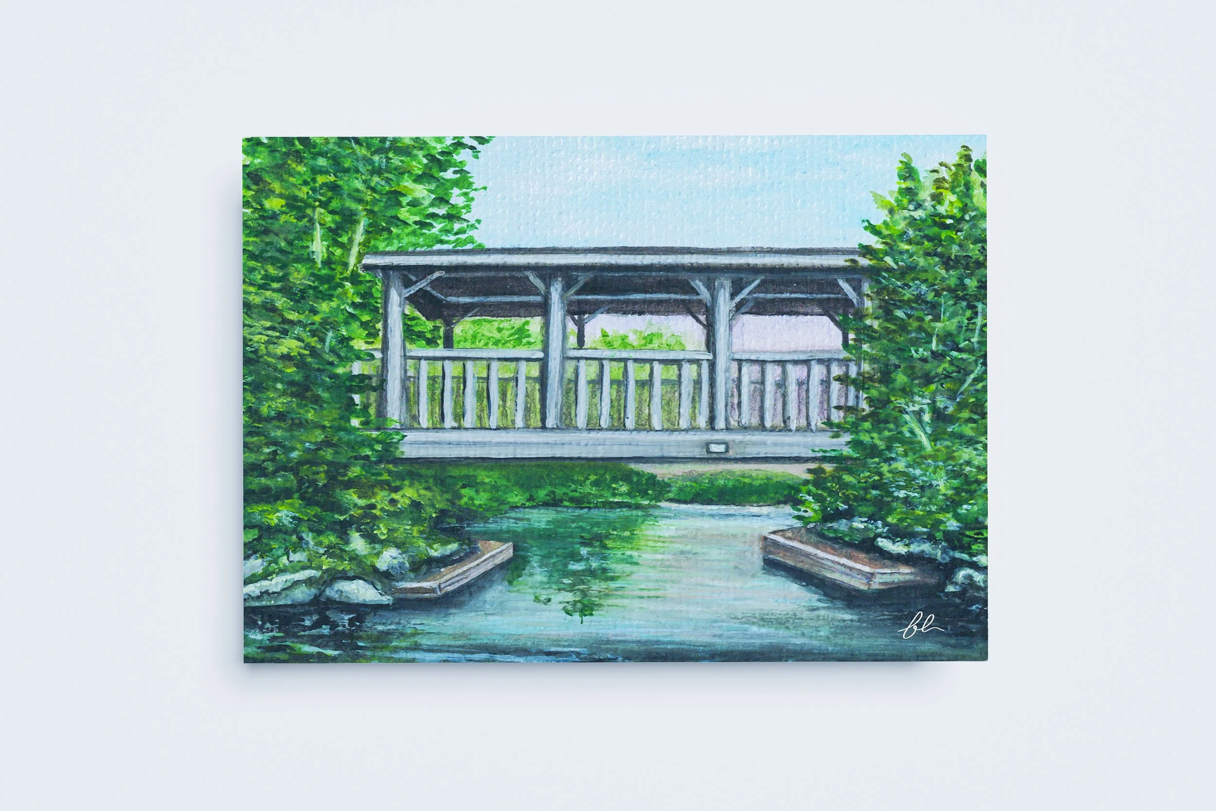 A serene landscape featuring a quiet wooden bridge over still water in Dorset, Ontario—a fine art print of an original watercolour painting inspired by peaceful moments in nature.