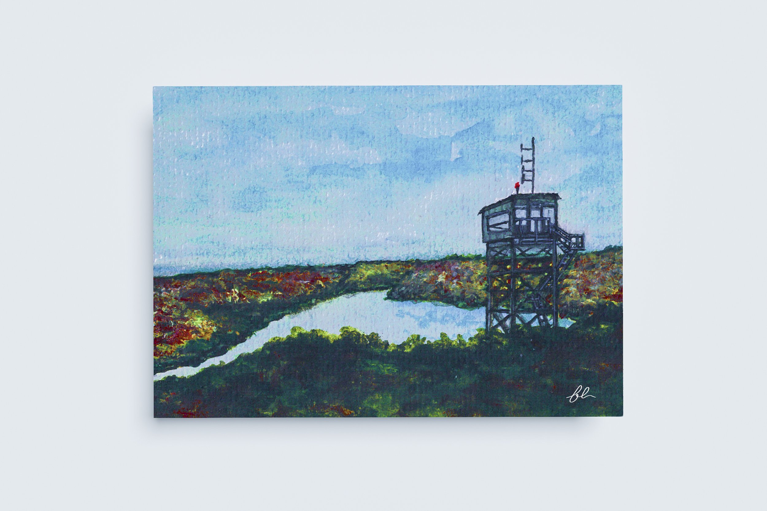 A scenic overlook of the Dorset Tower above the Lake of Bays in Ontario—a fine art print of an original watercolor painting capturing depth, distance, and quiet perspective.