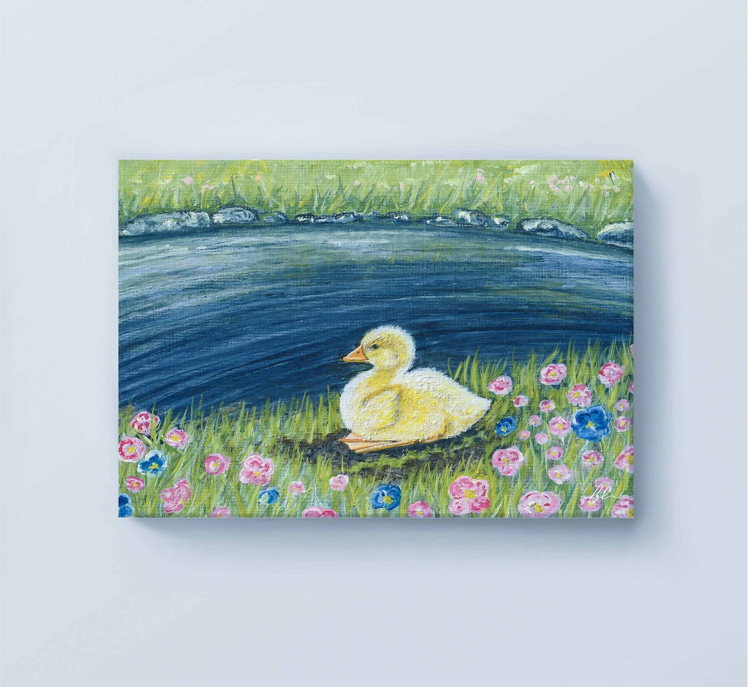A soft and whimsical spring scene of a duckling among wildflowers—a fine art print of an original acrylic painting full of warmth and curiosity.