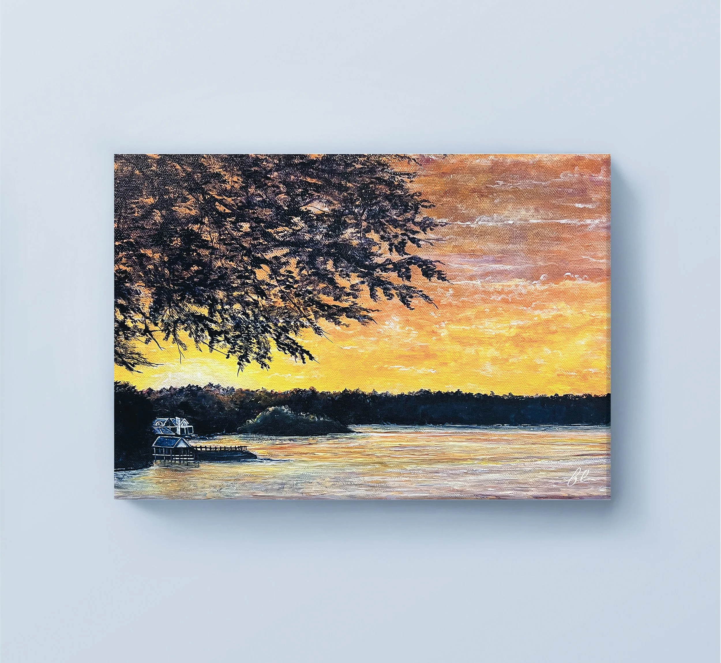 A glowing sunset settles over the peaceful shoreline of Lake Norman in this original acrylic landscape. Framed by silhouetted branches and a quiet lakeside dock, the painting captures the stillness and warmth of a perfect evening by the water.