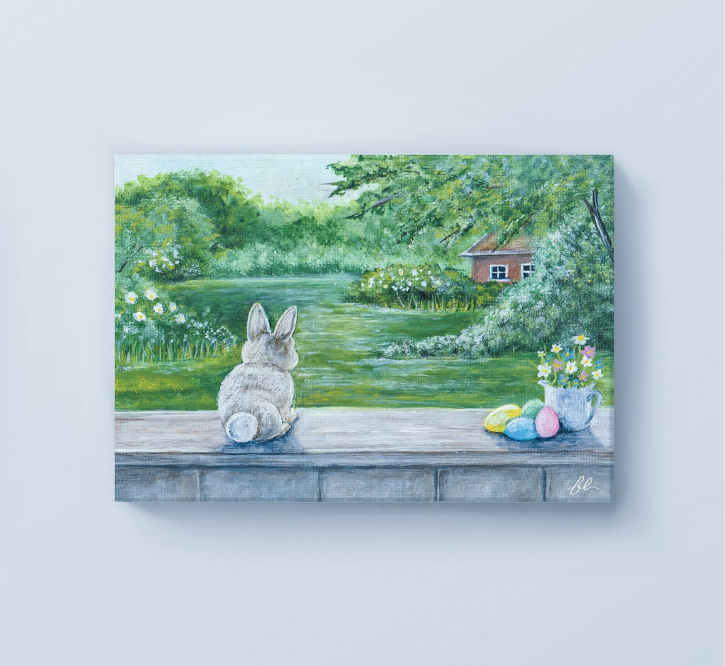 A peaceful spring landscape featuring a quiet rabbit nestled among soft blooms—a fine art print of an original acrylic painting designed to invite stillness.