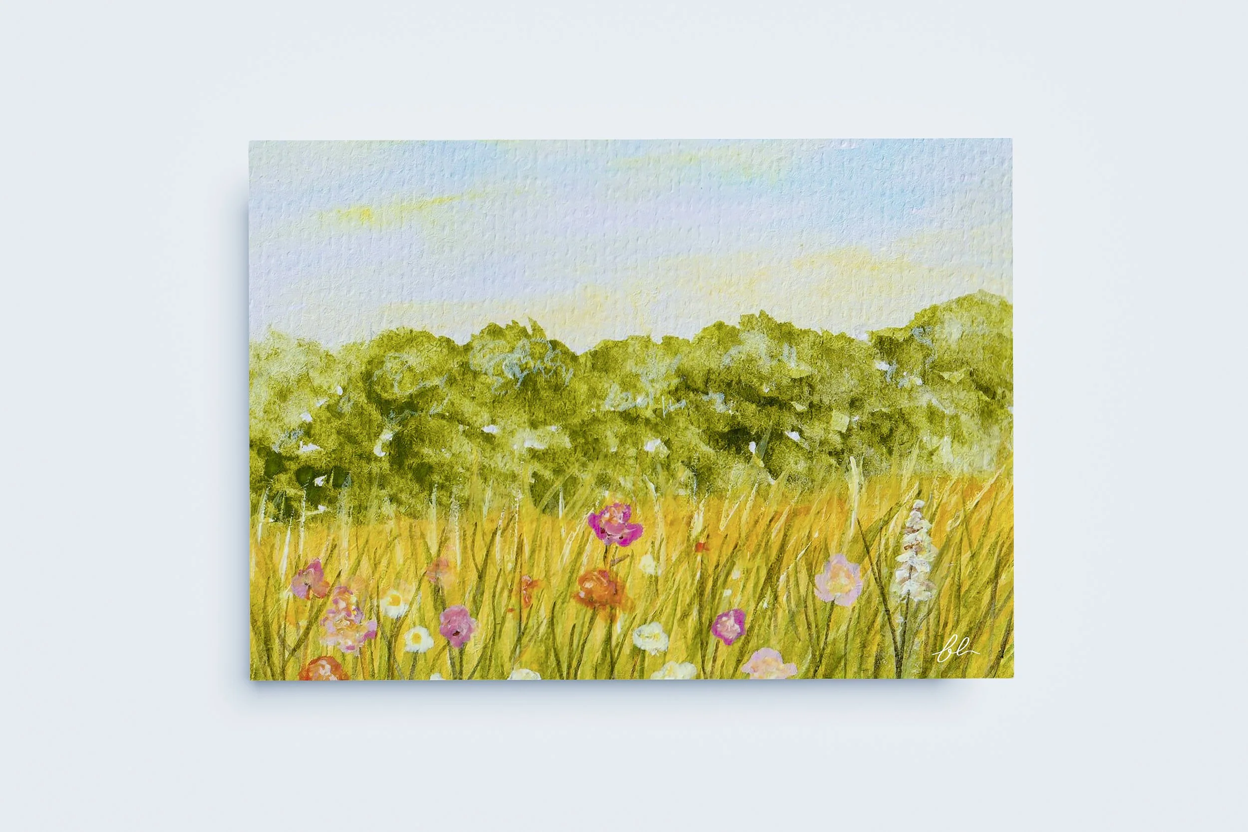 A soft, golden meadow captured in delicate watercolour, where wildflowers and open sky evoke warmth, stillness, and the quiet beauty of late summer.