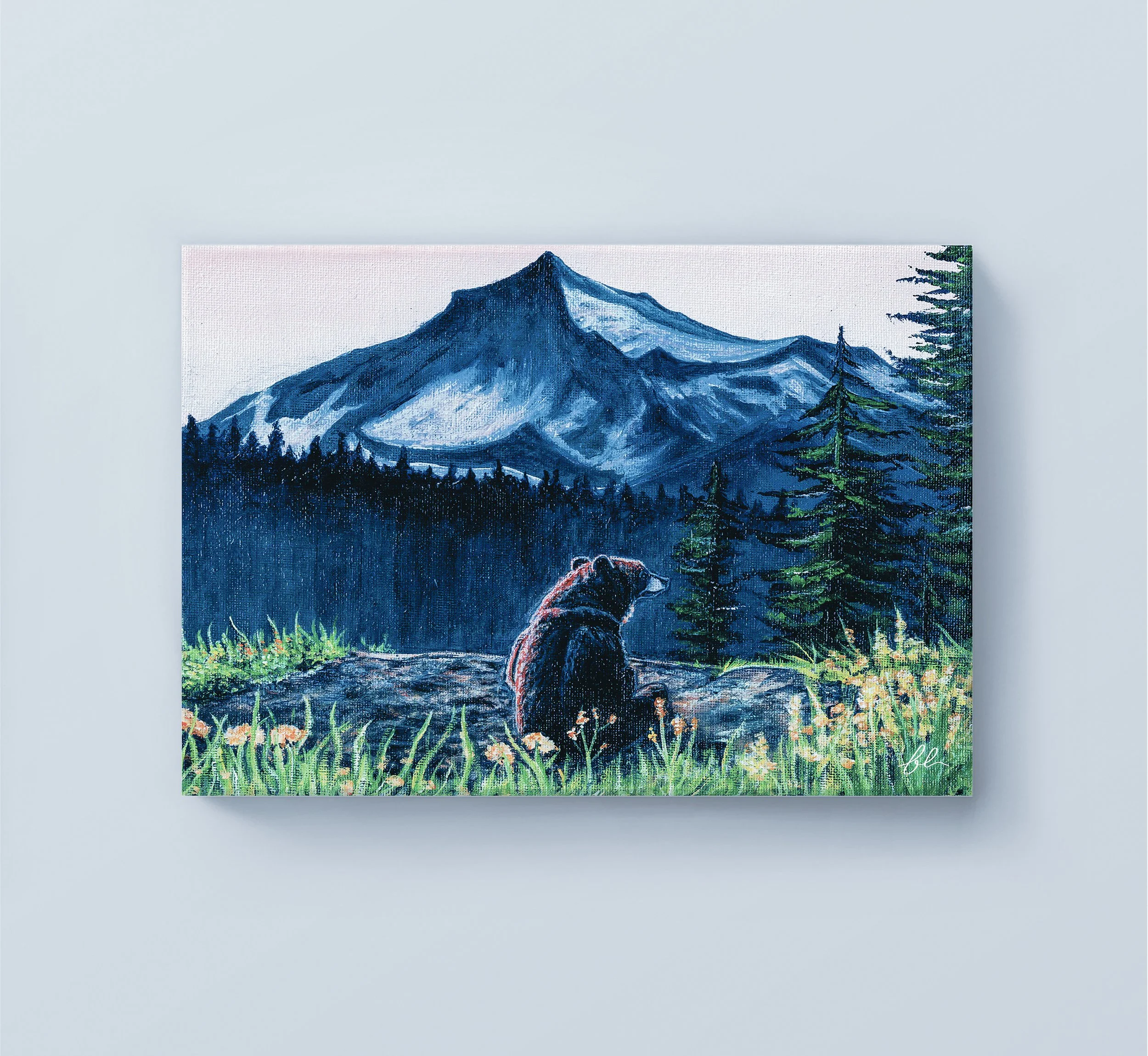A powerful yet peaceful mountain scene featuring a solitary bear—a fine art print of an original acrylic painting grounded in stillness.