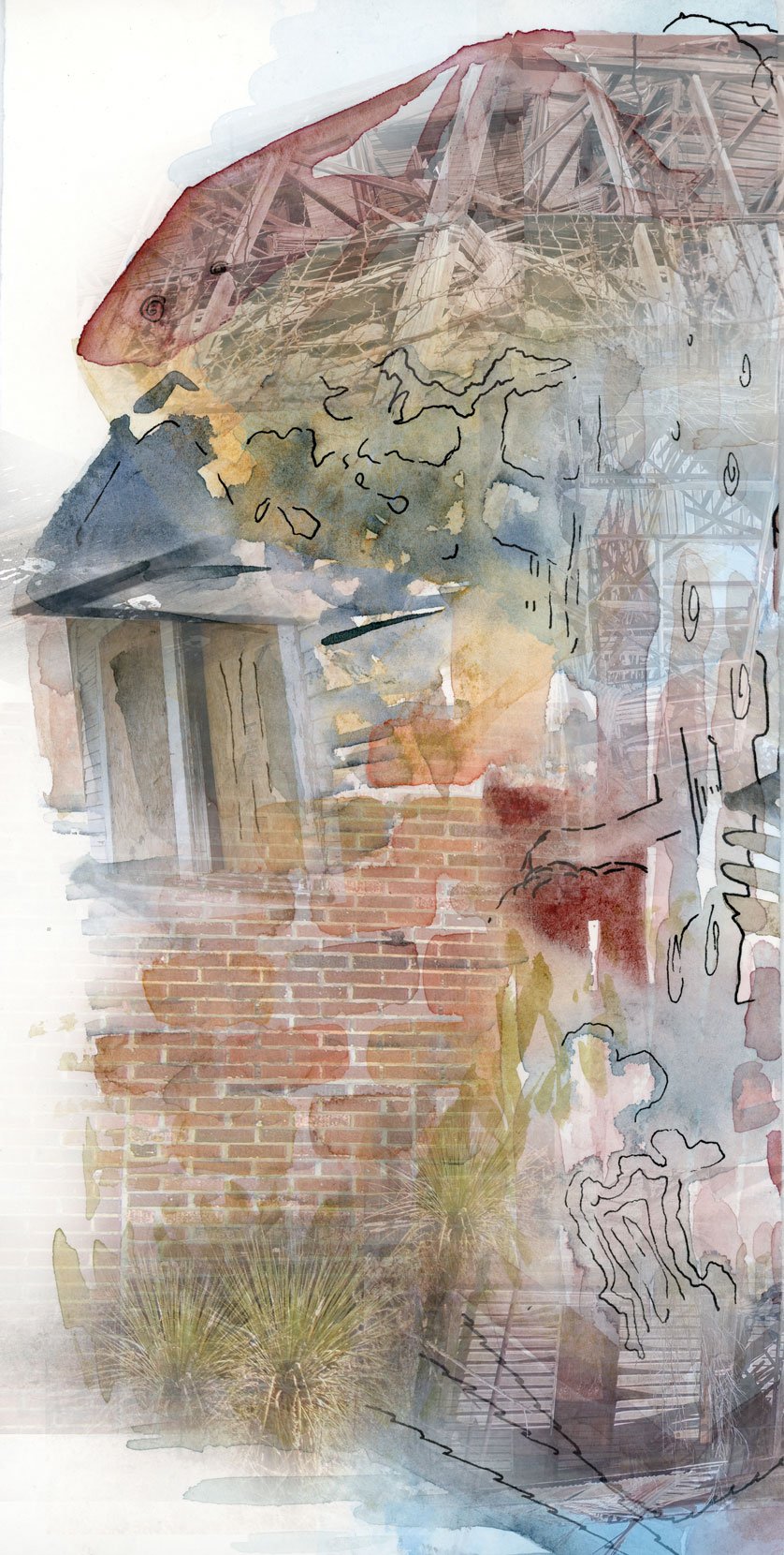 The Tower part II (2016)
Watercolor, ink and digital photo collage
6" x 14"