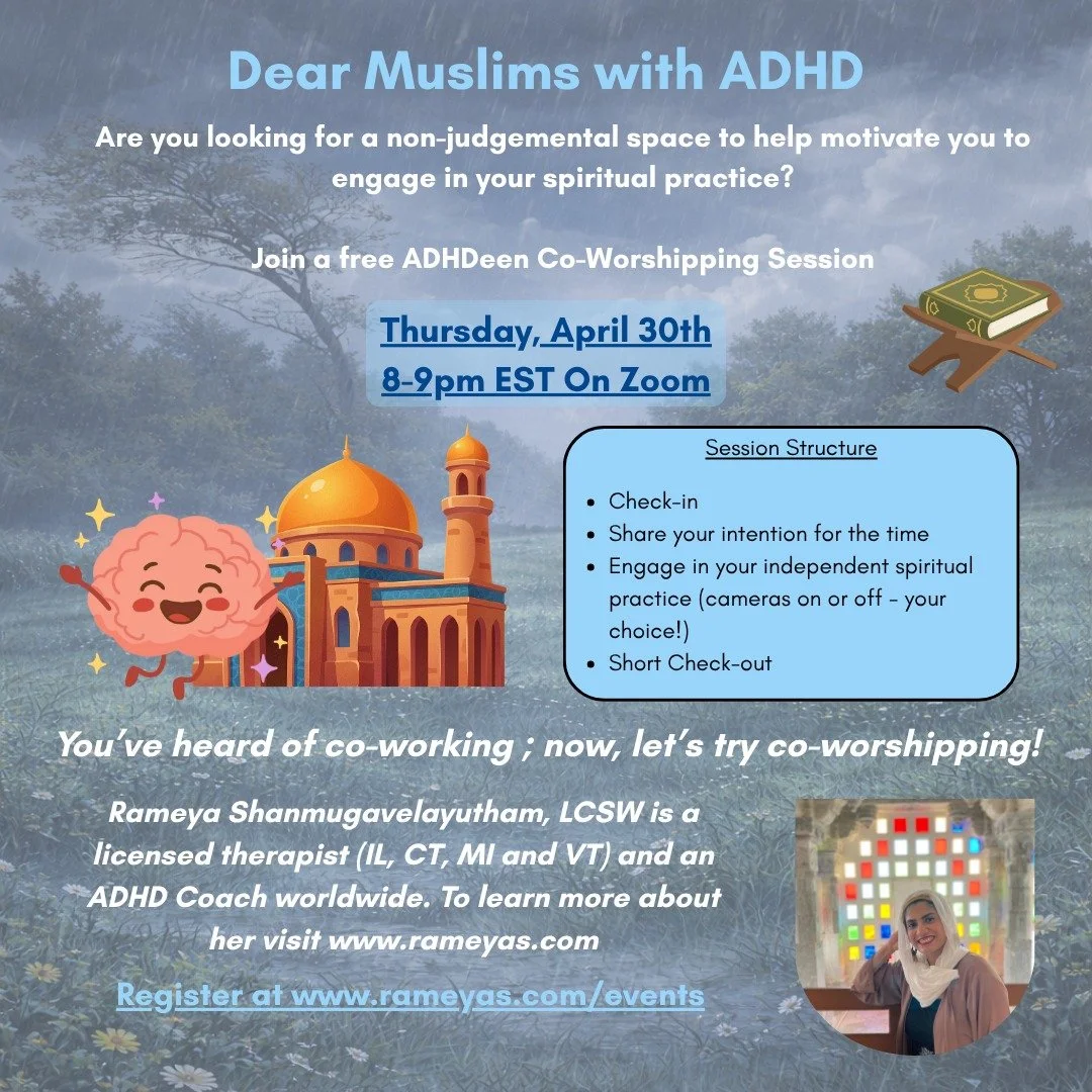 Join my FREE monthly co-worshipping space :
📅 Thursday, April 30th 8-9PM EST

Walk away with:
✅ A sense of connection to other ADHD Muslim
✅ More confidence in your spiritual practice
✅ A little less loneliness

👉 Register now: https://7af50d92.sib
