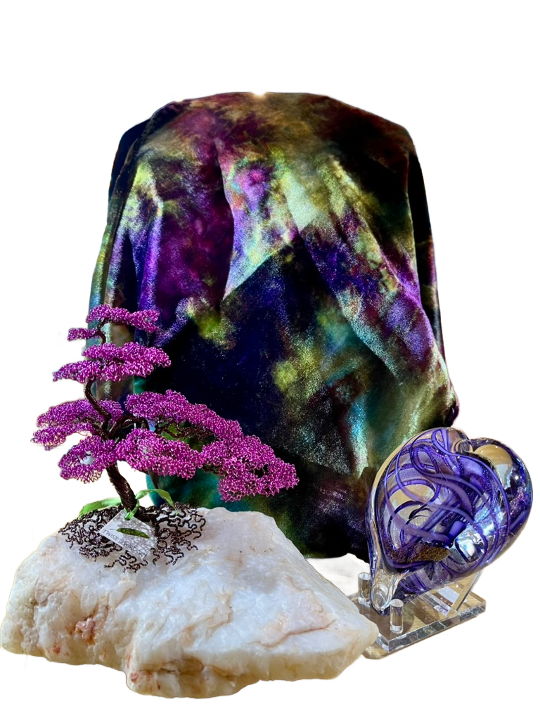 Hand dyed velvet scarf by Judi Eichler, Twisted Wire tree by Gabe Mellows, Hand blown heart by Glass Eye. All items just arrived in December.