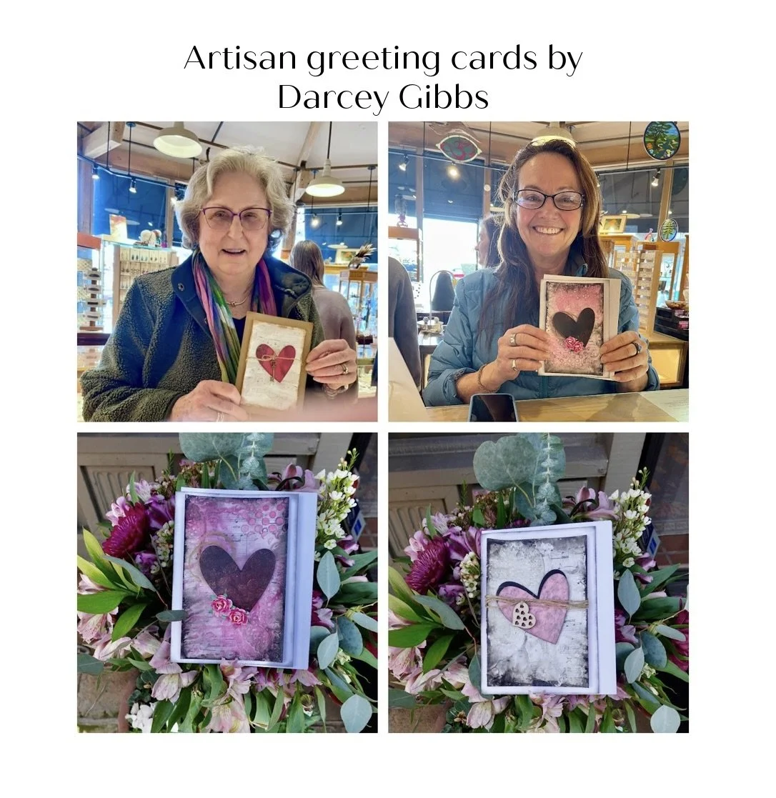 Darcey Gibbs is a local artisan who lives in Palo Alto. She creates collage greeting cards that are dimensional and tactile. Each one an original and signed by Darcey. We sold a lot of her cards on Saturday. This photo features two of our customers K