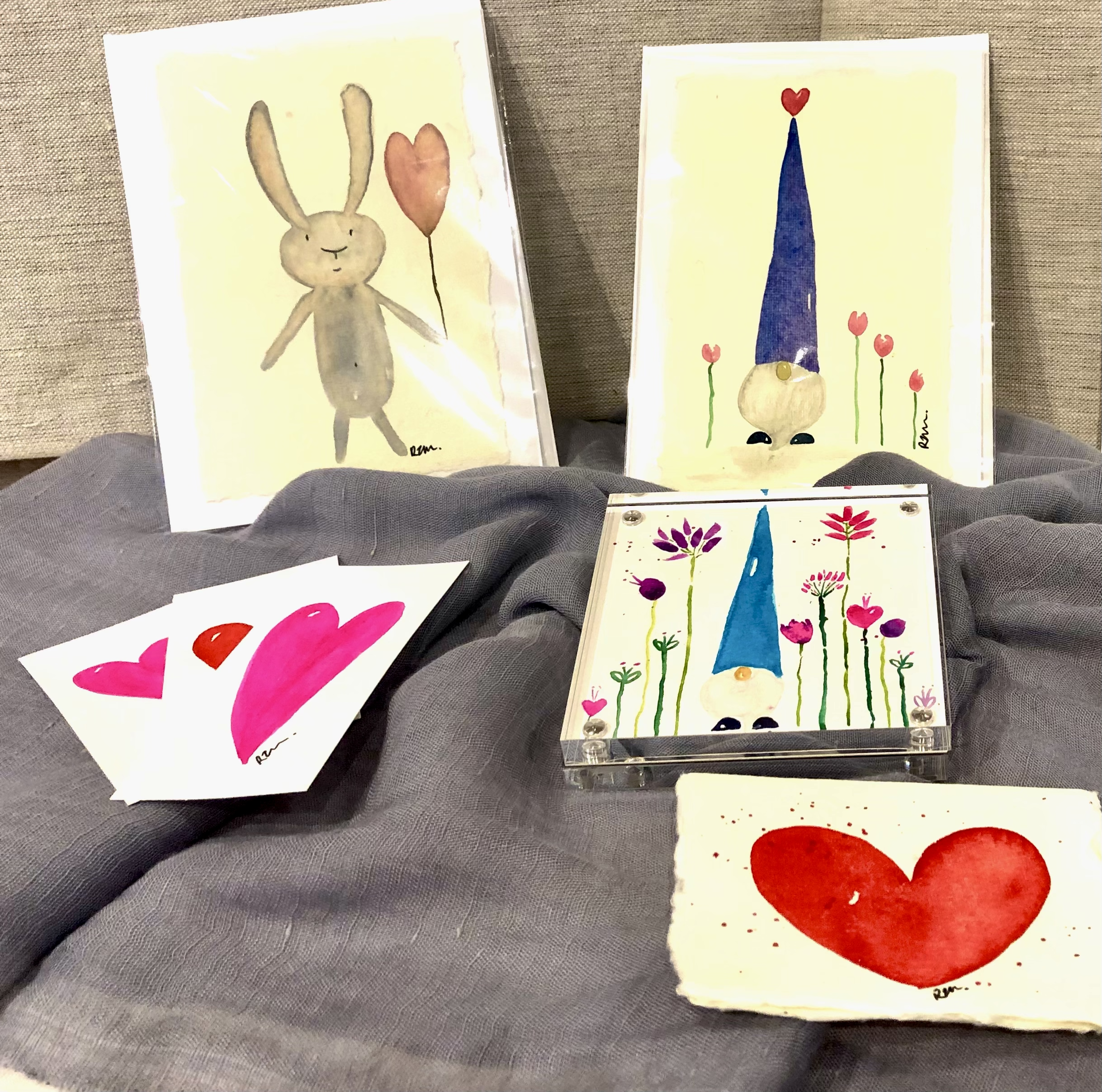 Original watercolor cards by Menlo Park artisan Robbie Zama Mellows, each card individually hand-painted