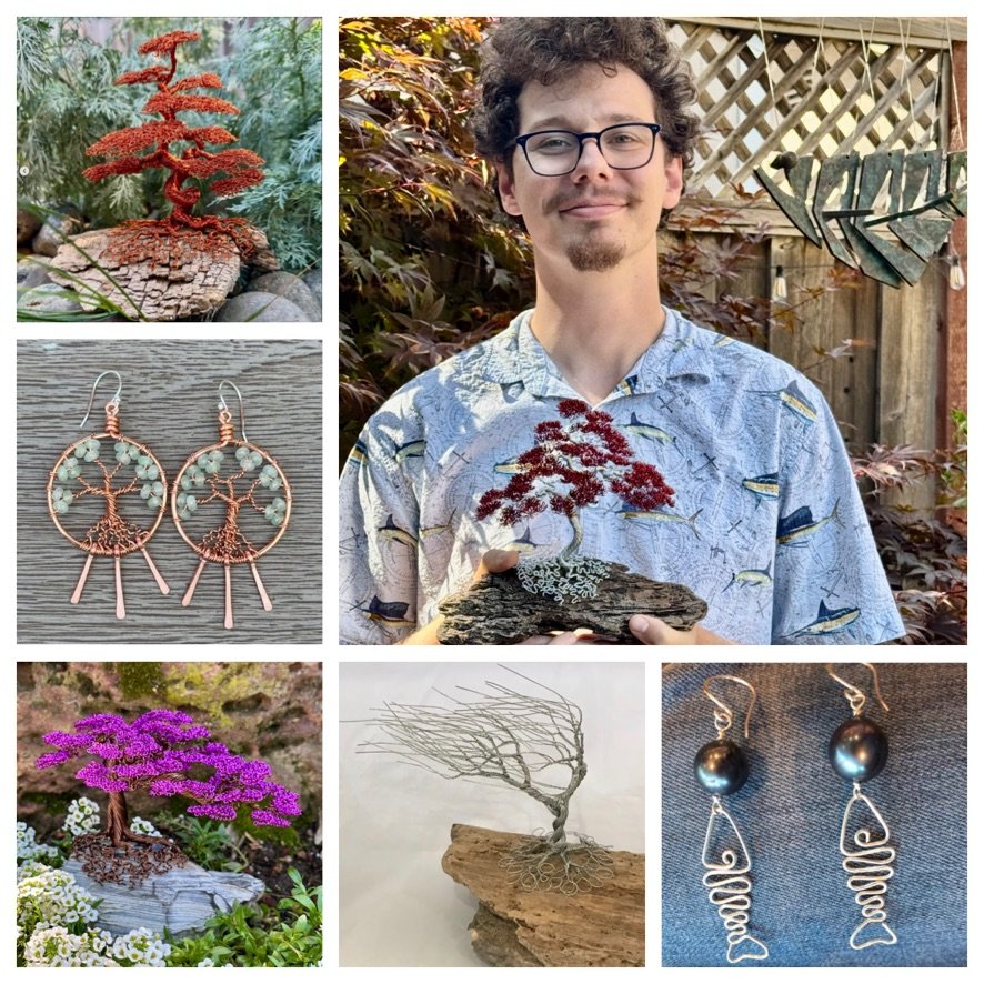 Meet Gabe Mellows. He has been shopping at our store with his dad for his mom's gifts since he was a little boy. He is now selling his "Twisted Wire Art" at Shady Lane and art fairs until he gets a "real job" after graduating with a degree in archite