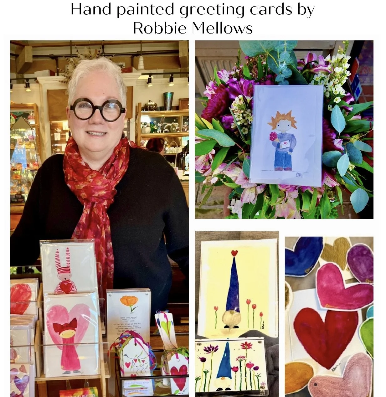 Joy fills our hearts for our wonderful artisans💕Robbie Mellows hand paints with watercolors and signs her greeting cards-each an original and framable. Local artisans are our heart and soul at Shady Lane!

