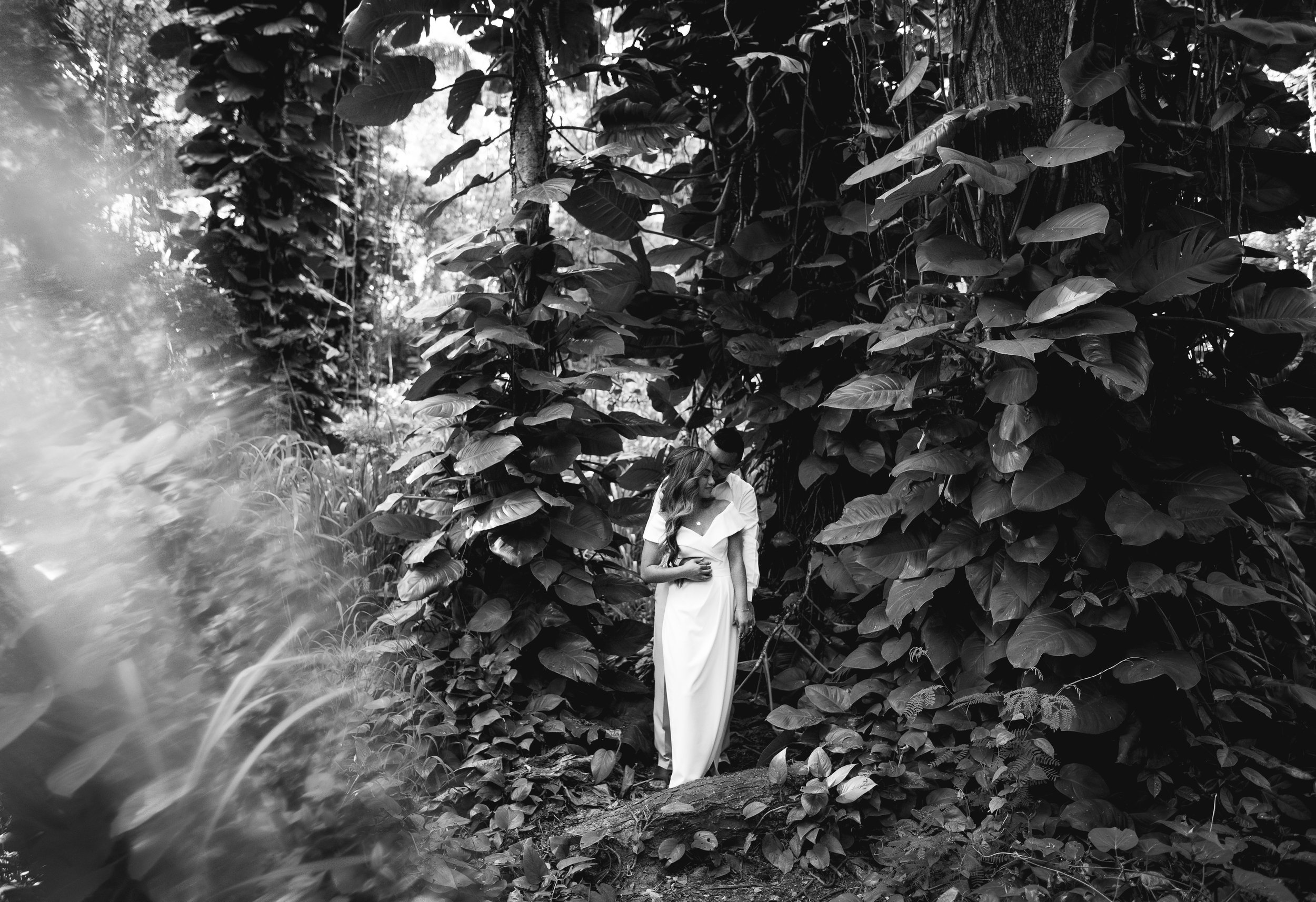 black and white photo of man and woman standing in the lush jungle, embracing eachother in maui hawaii