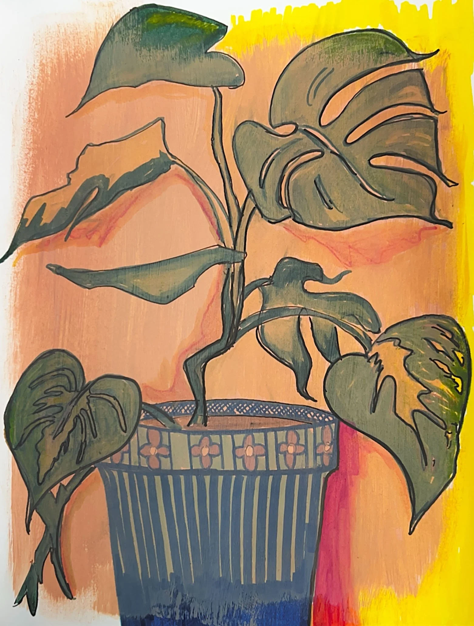 Potted Monstera Illustration -
Acrylic Paint, Marker, and Ink on Paper -
8.5x11 c. 2025