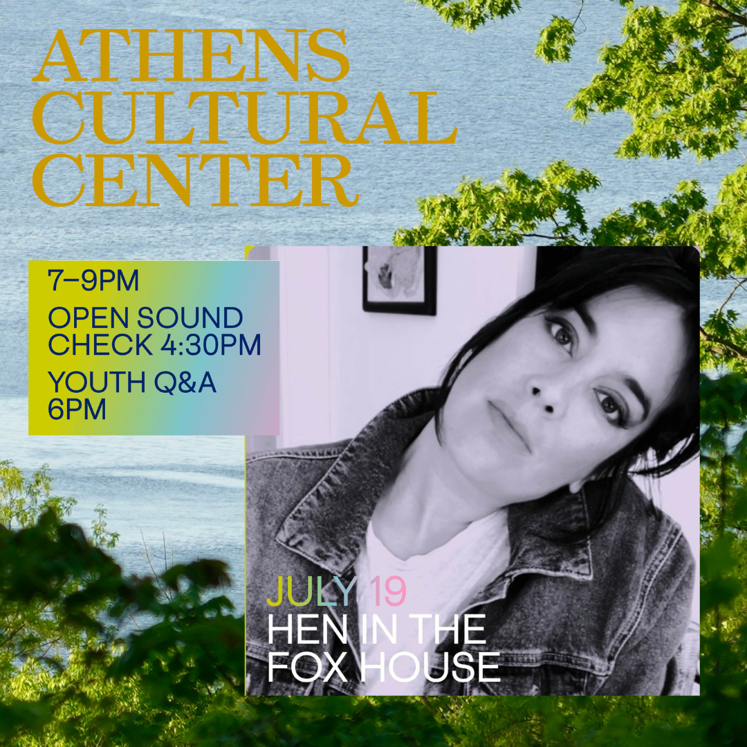 Poster promoting an event at the Athens Cultural Center with details about times and activities, featuring a portrait of a woman with dark hair in a denim jacket, set against a background of leaves and water.