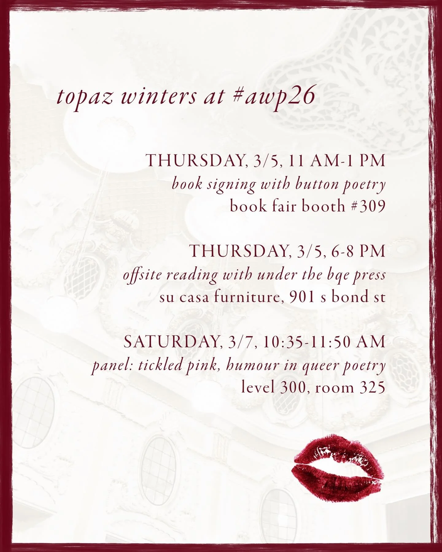 delighted to reemerge at the joyful noise of #awp26 after many moons in my cocoon! find me signing books at the @buttonpoetry booth, reading with @underthebqe.press at the impossibly cool offsite venue @sucasafurniture, &amp; speaking on a panel (alo