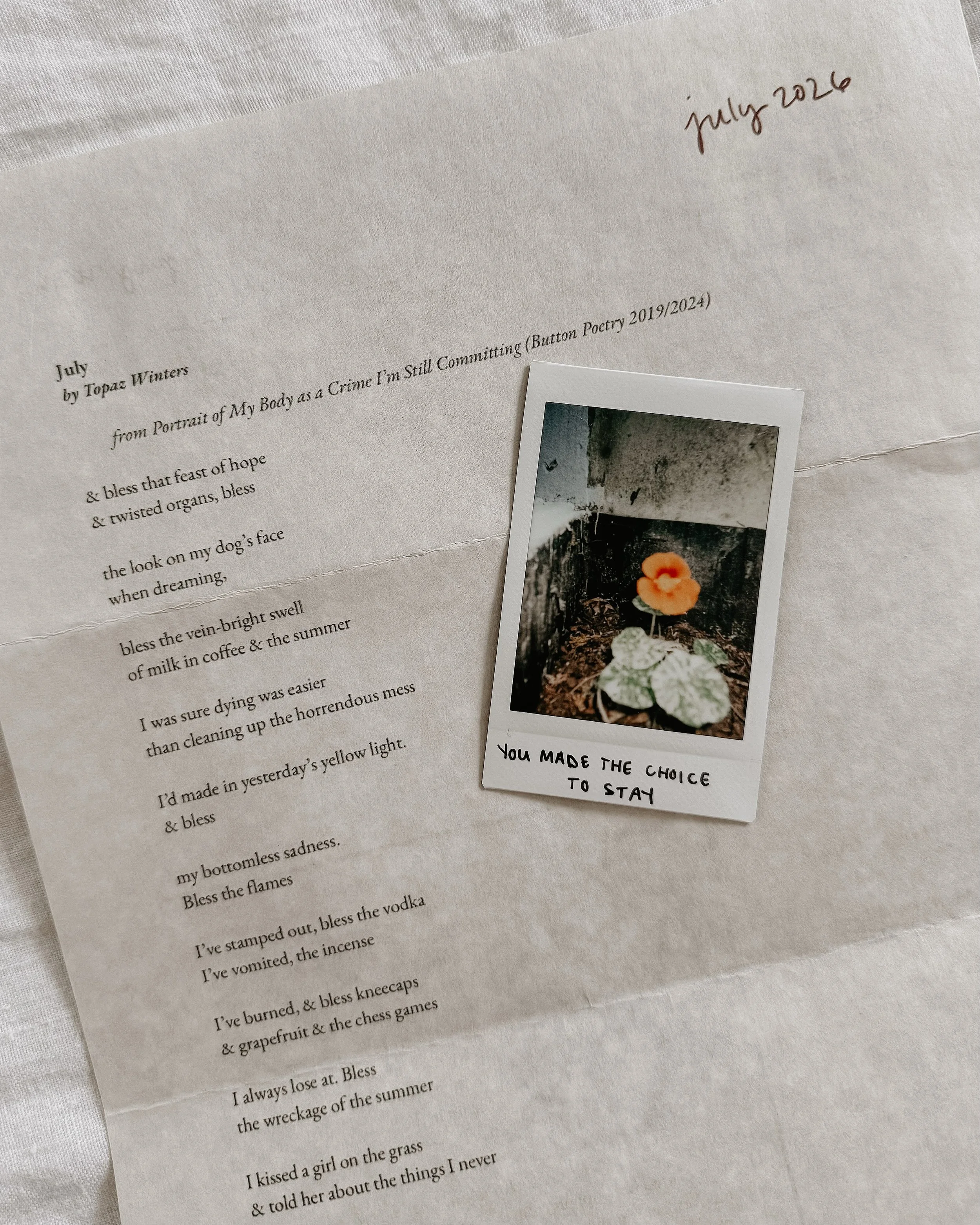 &ldquo;even on the days i want to die, i want another golden hour on my fire escape more. i want to be a queer elder someday. i want to join in on the applause, even when i don&rsquo;t know what i&rsquo;m clapping for.&rdquo;

the patron saint of har