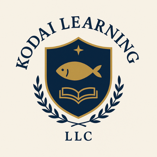 Kodiai Learning LLC logo with a shield containing a fish, a star, and an open book, surrounded by laurel branches.