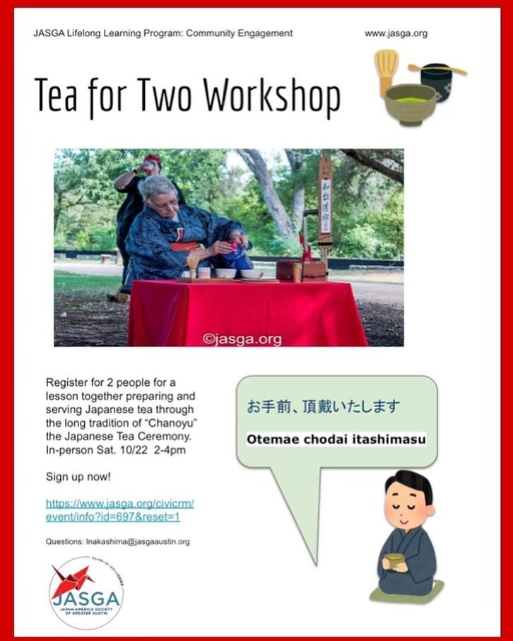 &quot;Chanoyu&quot; is
translated into English as &quot;hot
water for tea.&quot; Join Urasenke
teacher, Linda Mosley, to
experience harmony, respect,
purity, and tranquility with a good
friend, family member and/or
buddy. 
Enjoy matcha + a
dessert an