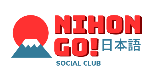 Logo with a red circle, stylized mountain, and text 'NIHON GO!' in red and blue, with Japanese characters and 'SOCIAL CLUB' in blue below.