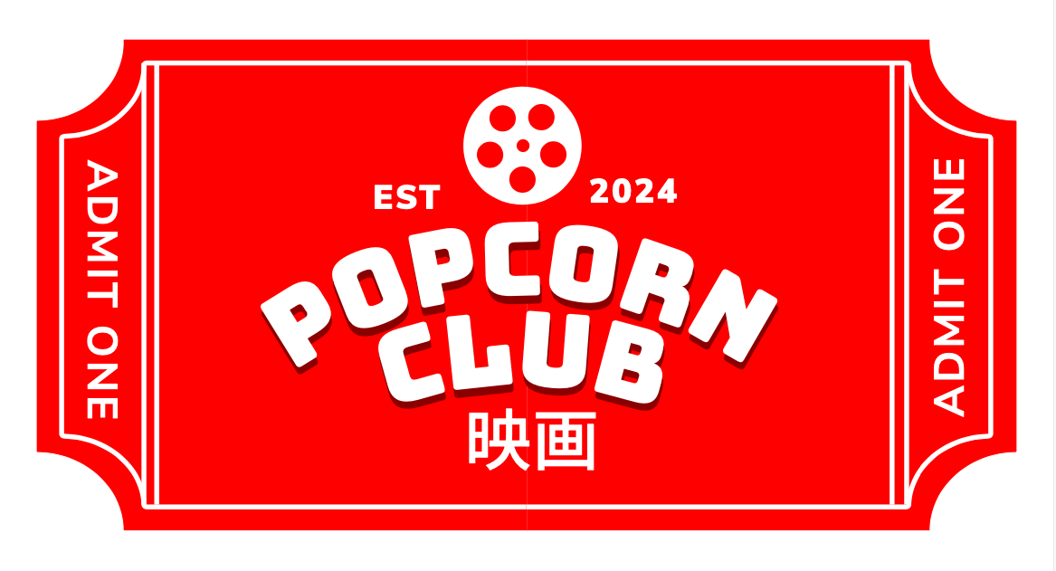 Red movie ticket with white text and design, featuring a film reel icon, promoting the Popcorn Club established in 2024, with Japanese characters for 'movie' at the bottom, and the phrases 'Admission One' on both sides.