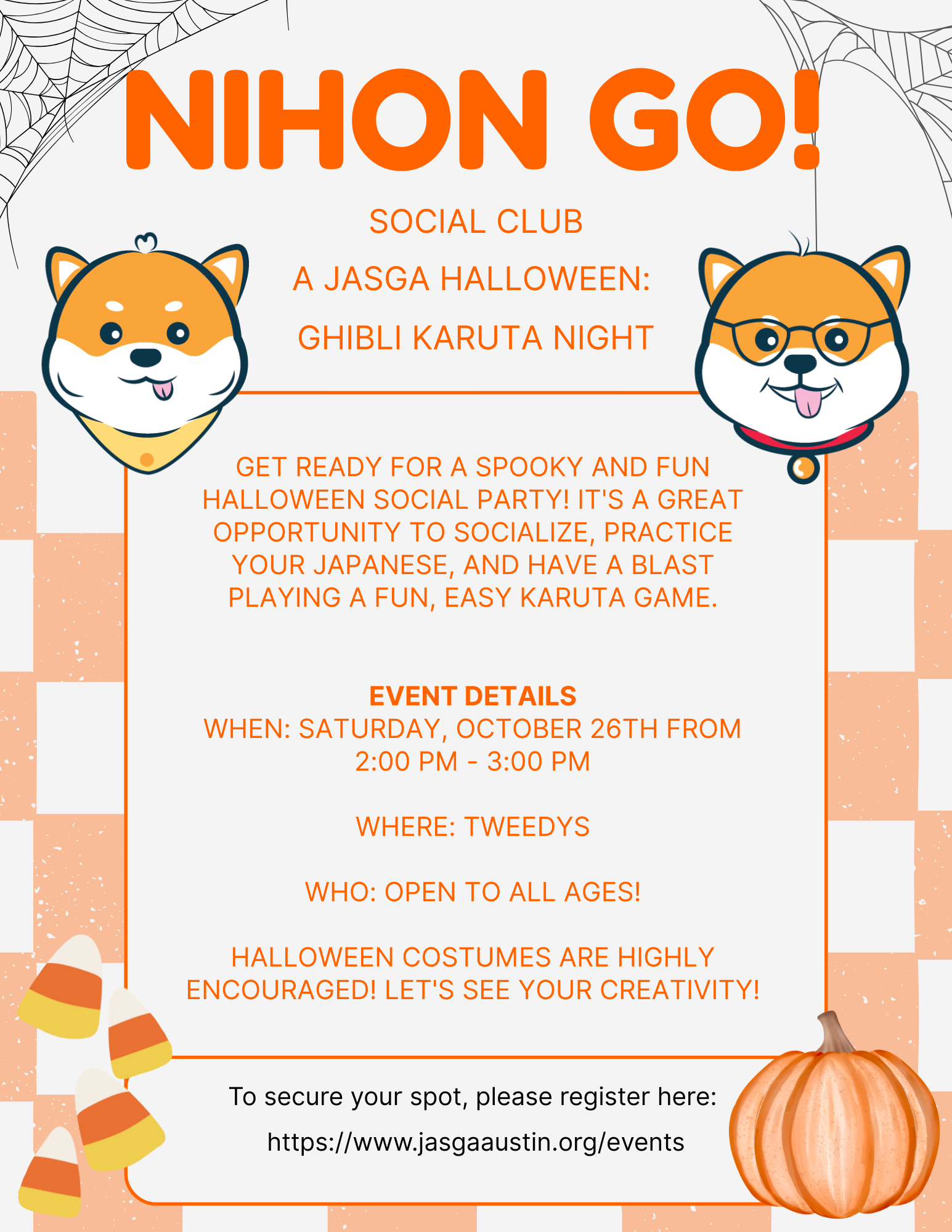 Flyer for a Halloween event featuring cartoon dog characters, a pumpkin, candy, and spider webs in the background, with event details written in orange text.