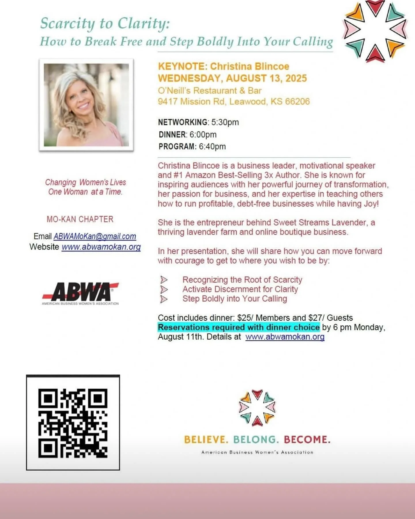 Make plans to attend the next ABWA - Mo-Kan Chapter program on August 13th! Bring your friends and colleagues as we kick off the new chapter year, and we will learn how to gain the courage to move From Scarcity to Clarity! In person only.
Reserve by 