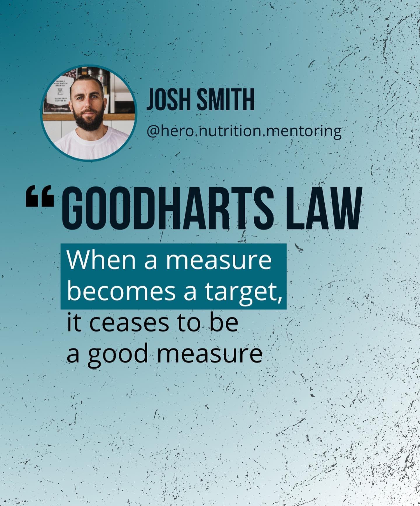 ⚖️ GOODHART'S LAW⁠
⁠
When a measure becomes a target, it ceases to be a good measure.⁠
⁠
It shows up in your clients fairly often.⁠
⁠
They are chasing metrics such as scale weight that aren't aligned with the real reason behind their goals.⁠
⁠
They a