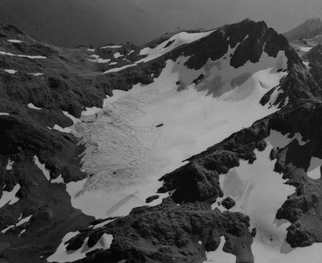 An aerial photo of the Ferry Glacier taken in 1961. // Photo courtesy of Bill Baccus