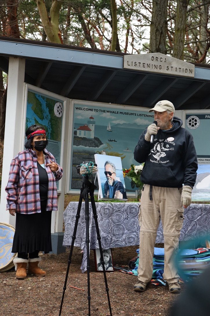    Rosie Cayou James and Howard Garrett of Orca Network speak at the salmon ceremony. // Photo by Reid Hunter   