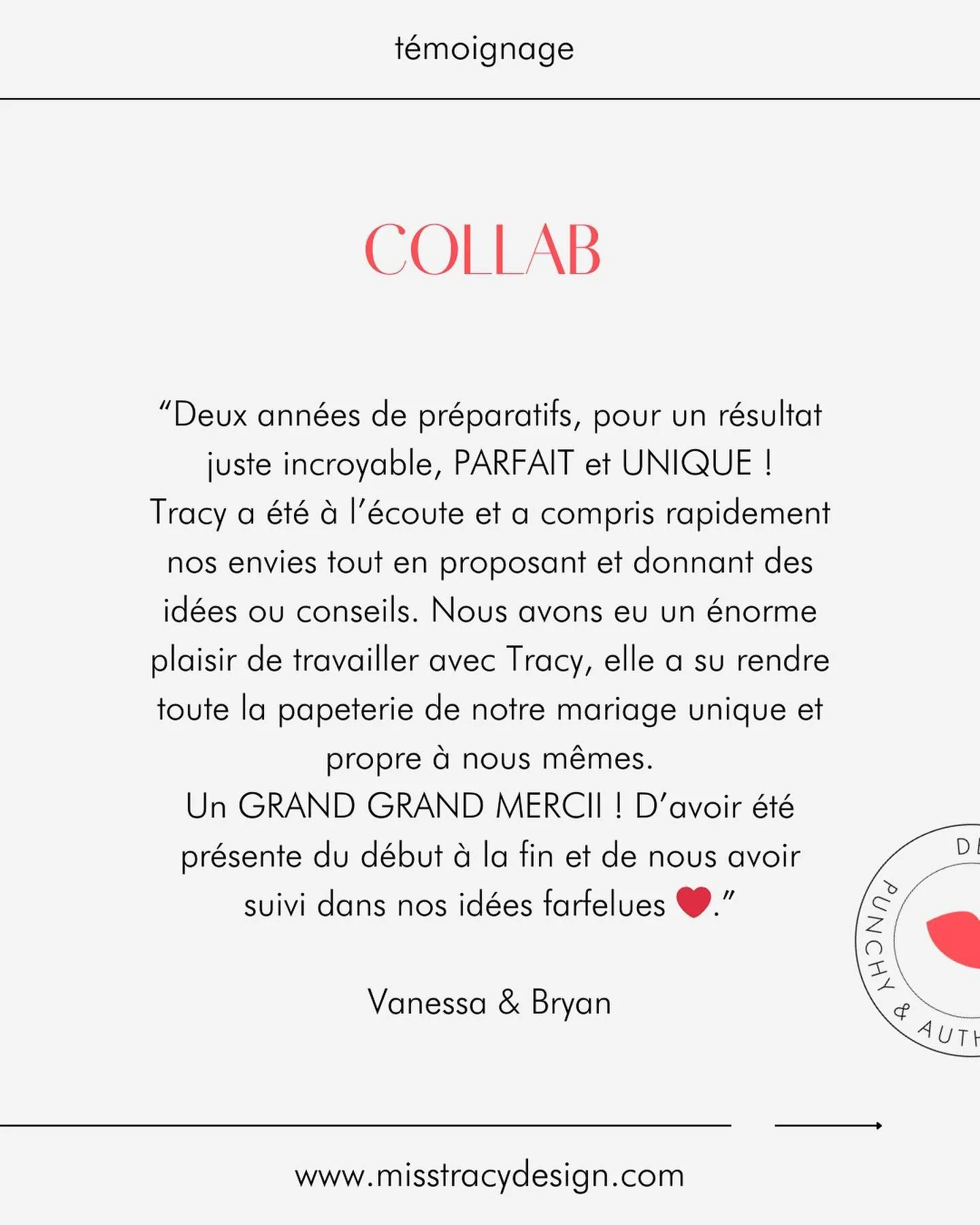 TEMOIGNAGE

Votre avis signifie beaucoup pour moi! Merci @vanesstvs__ &amp; @bryan_stvs pour la confiance et pour leur t&eacute;moignage. J&rsquo;ai personnellement ador&eacute; imaginer l&rsquo;identit&eacute; visuelle pour ce magnifique mariage hor