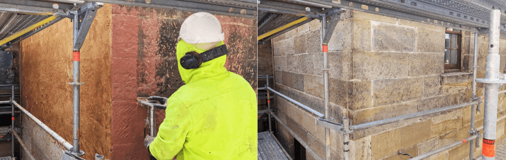 A before and after photo of the paint stripping process on a historic terrace at 29-31 george street the rocks showing a let's clean employee working on the terrace using our bluevac system