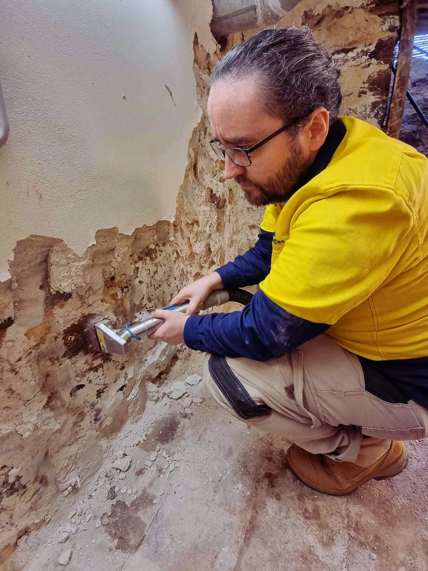 a let's clean employee extracting salts from a stone wall at duntroon house with the bluevac captive head washing system