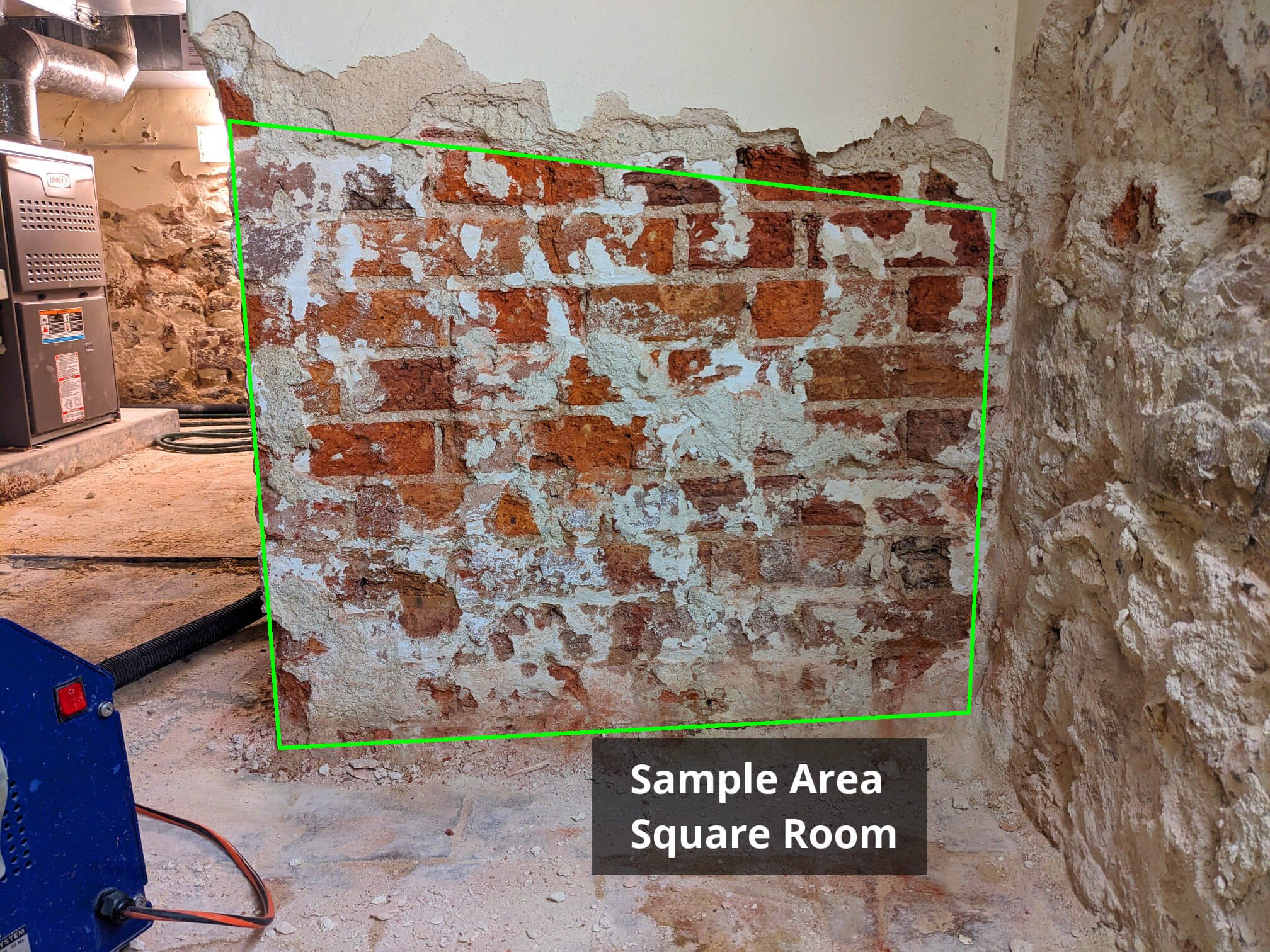 a sample area of brick wall designated for salt extraction in the basement of duntroon house