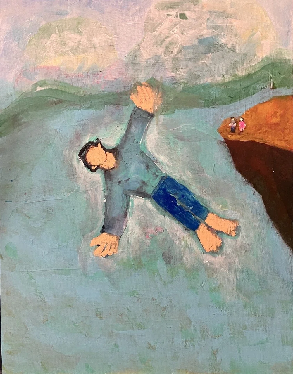 A figure soaring through the sky