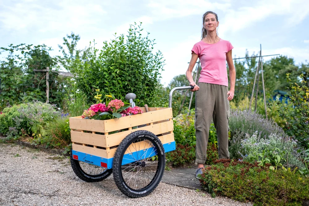 Fahrradanhänger mit Pflanzen als Handwagen im Garten