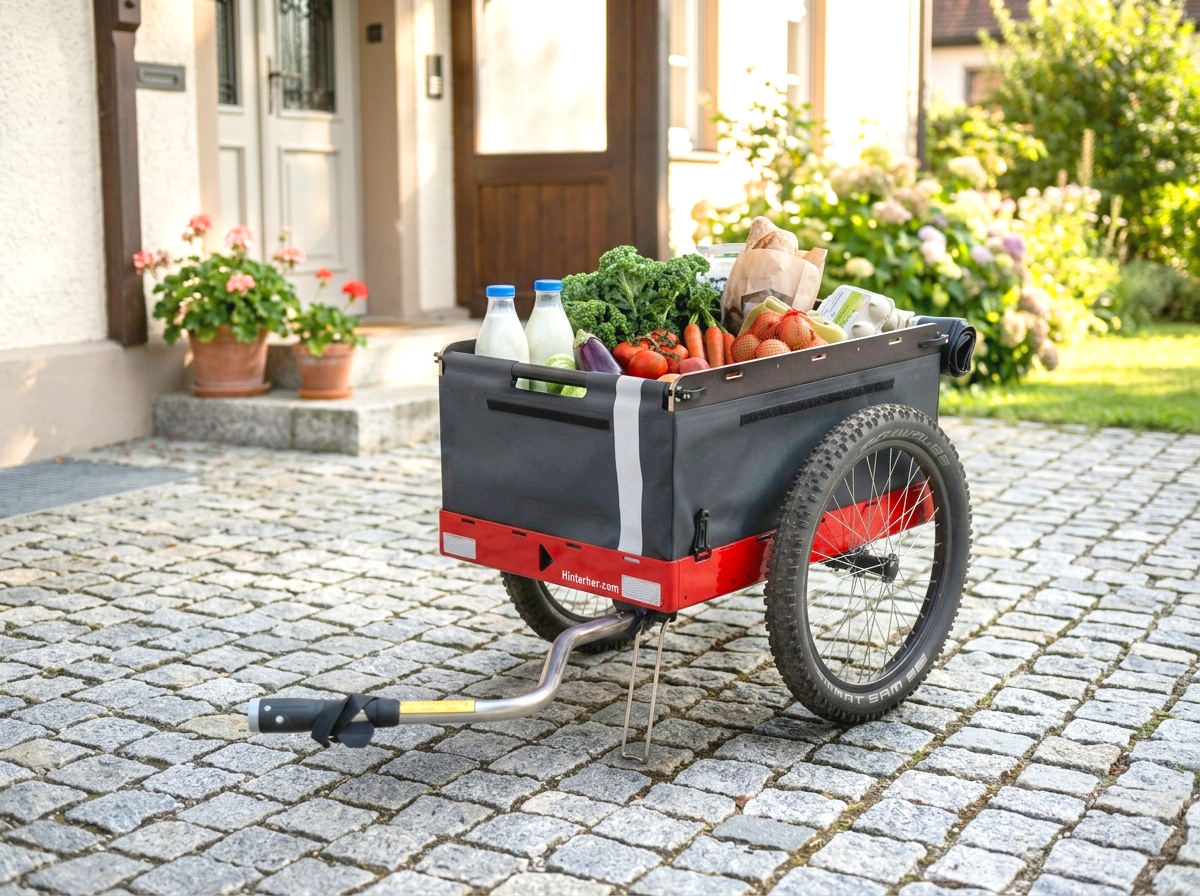 Ein Fahrradanhänger von Hinterher mit Obst und Gemüse und Einkäufen