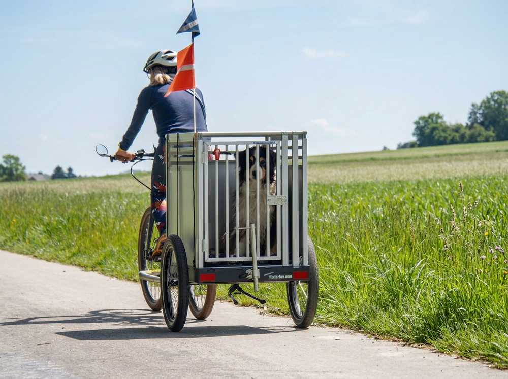 Radfahrer zieht einen Hund in der Hundebox auf einem Hinterher über Land