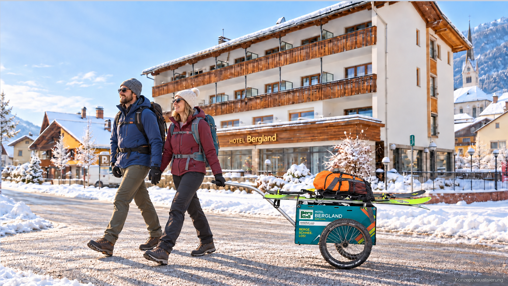 Transport der Skiausrüstung zu Fuss mit Bollerwagen vom Hotel zum Bahnhof oder Lift