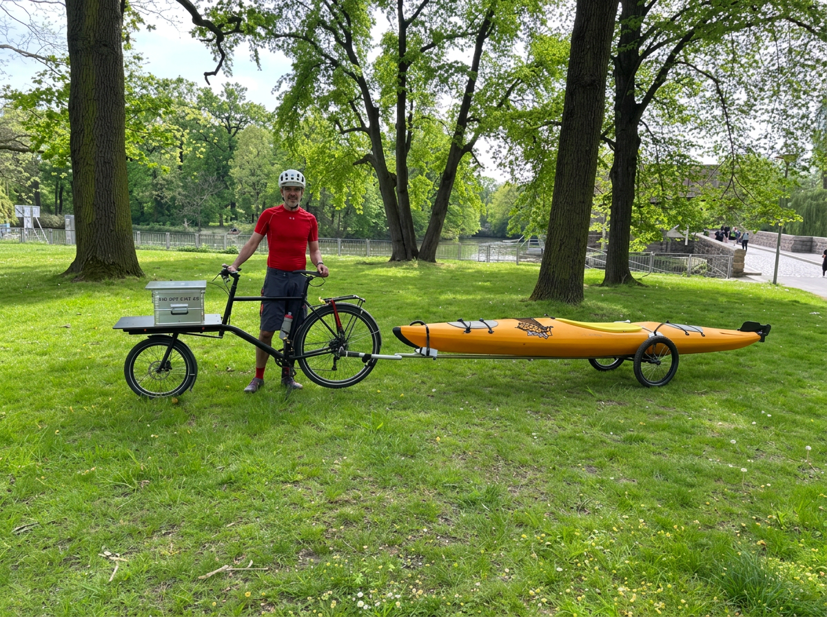 Ein Kajak wird mit einem Fahrradanhänger und einem Omnium Lastenrad transportiert