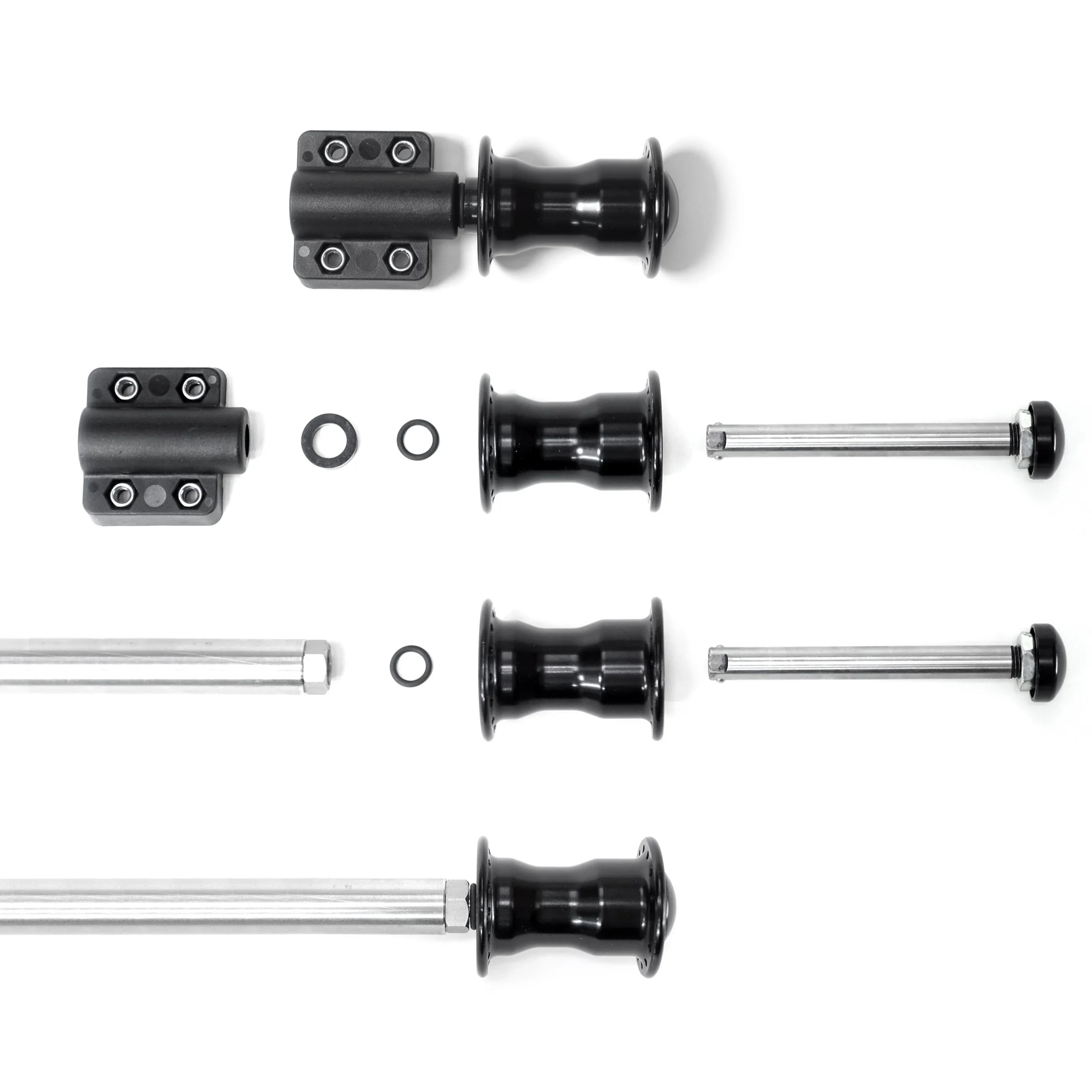 A picture showing axles and thru-axles for a bicycle trailer.